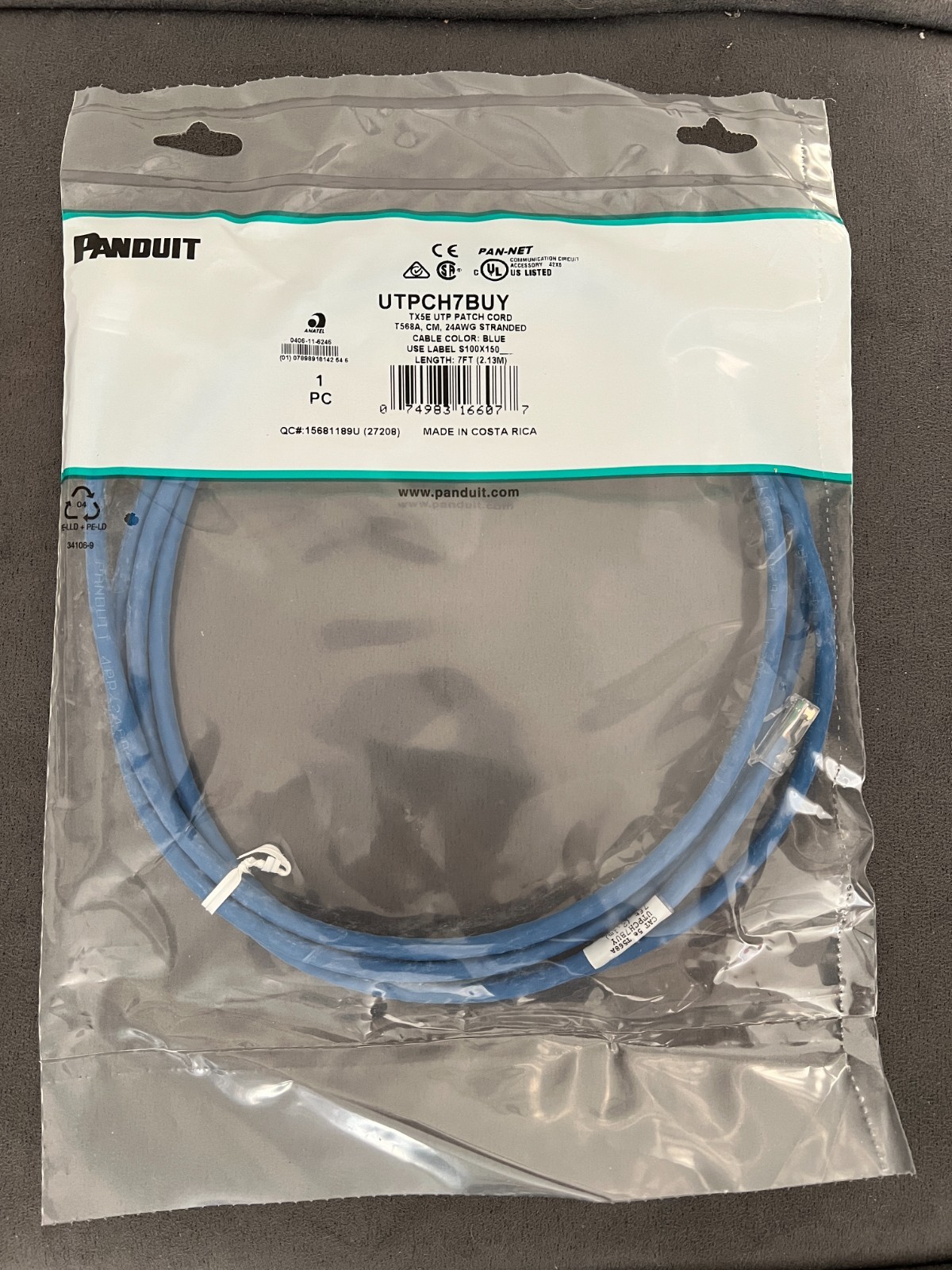 Panduit UTPCH7BUY Cat 5e (category5e), patch cable 7ft, BLUE 24 AWG – 10 per box