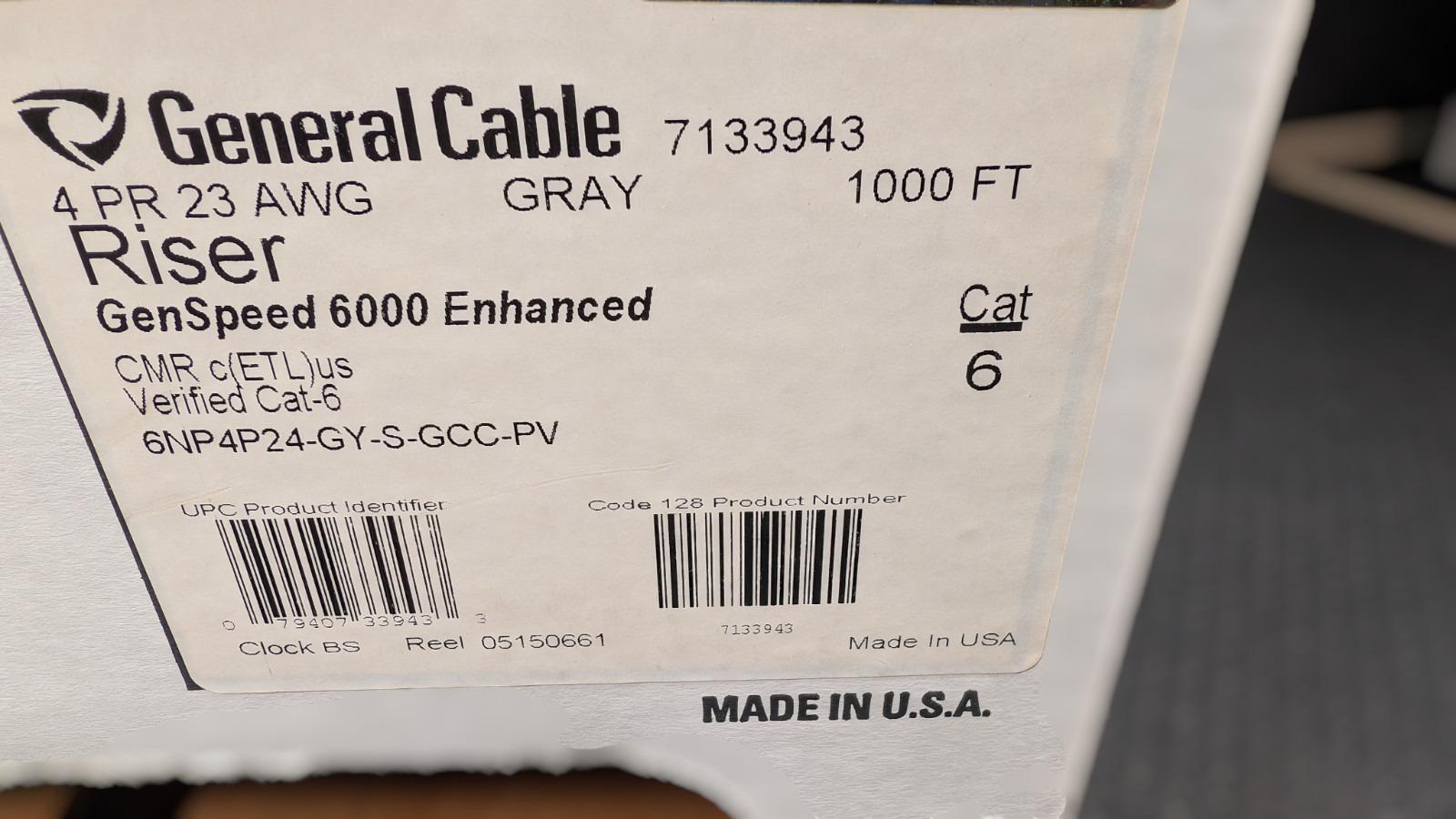 General Cable GenSPEED 6000 Riser Cable Cat 6 23 AWG CMR Gray 810ft