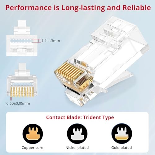 100-Pack RJ45 Connectors for Cat6 Cat5 Cat5e Gold-Plated RJ45 Pass Through