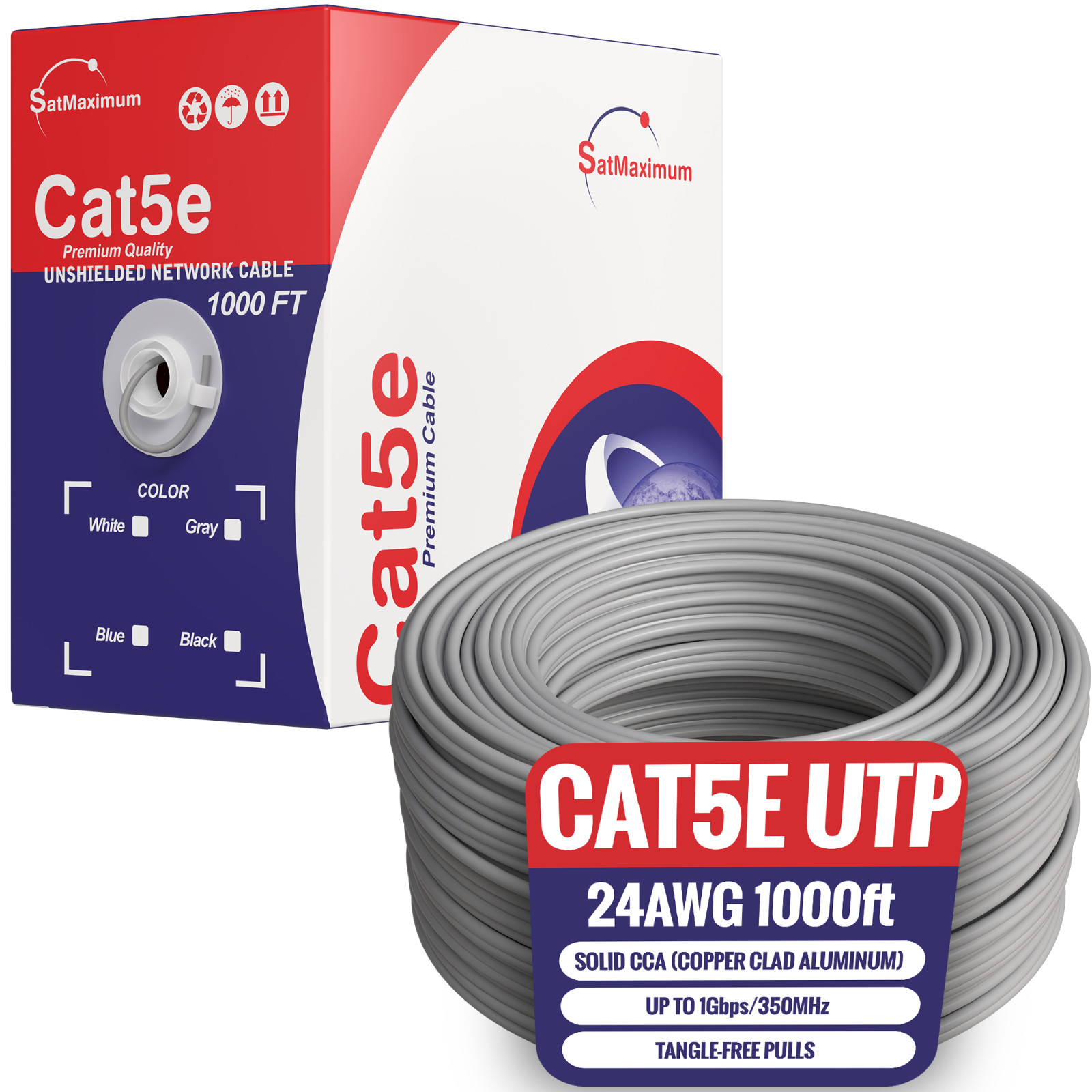 Cat5e 1000ft cable UTP Solid Gray LAN Netwrok Ethernet RJ45 Bulk CAT5 24 AWG