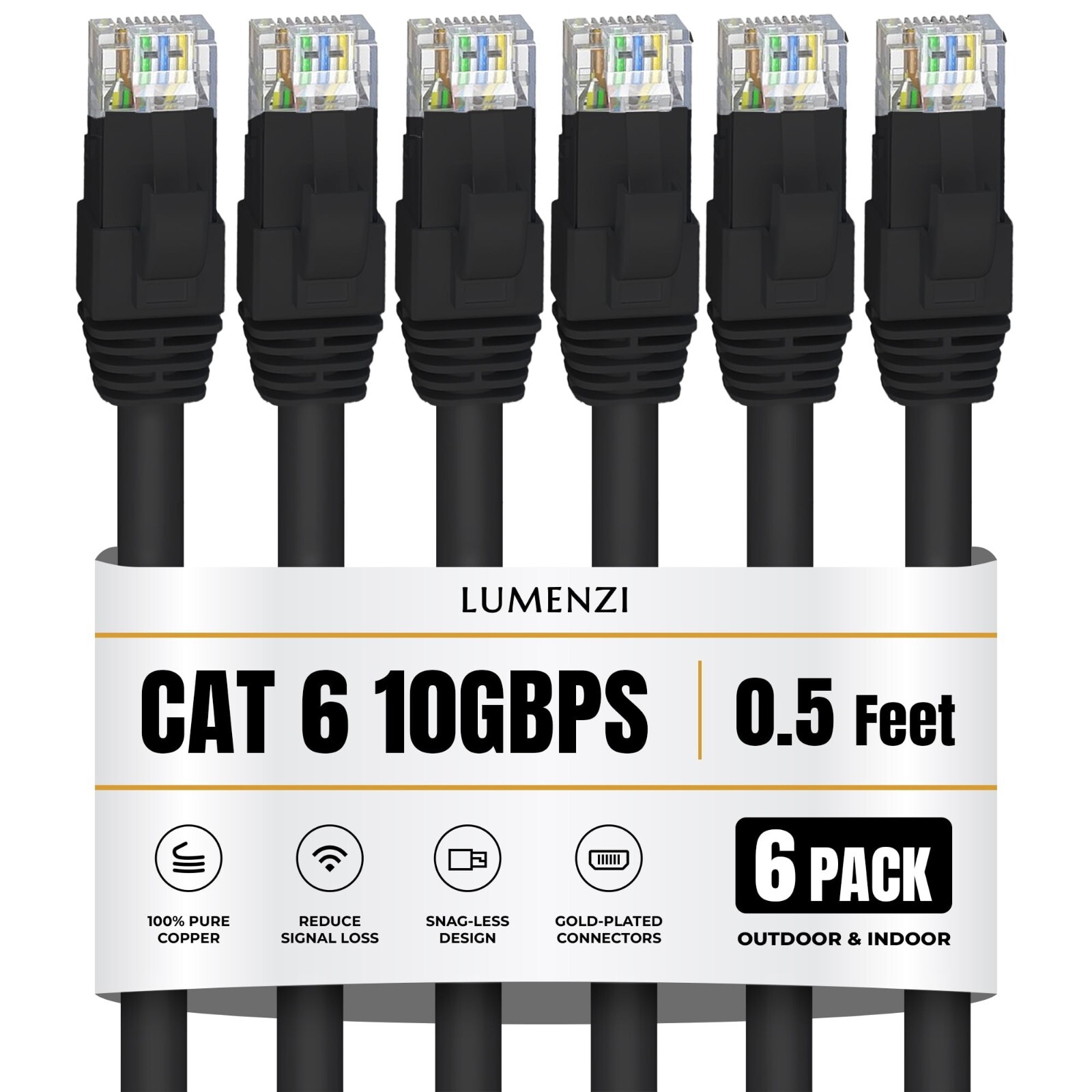 Cat 6 Ethernet Cable 6 Pack in 0.5 ft 10 Gbps Network Round Rj45 Black, Blue,