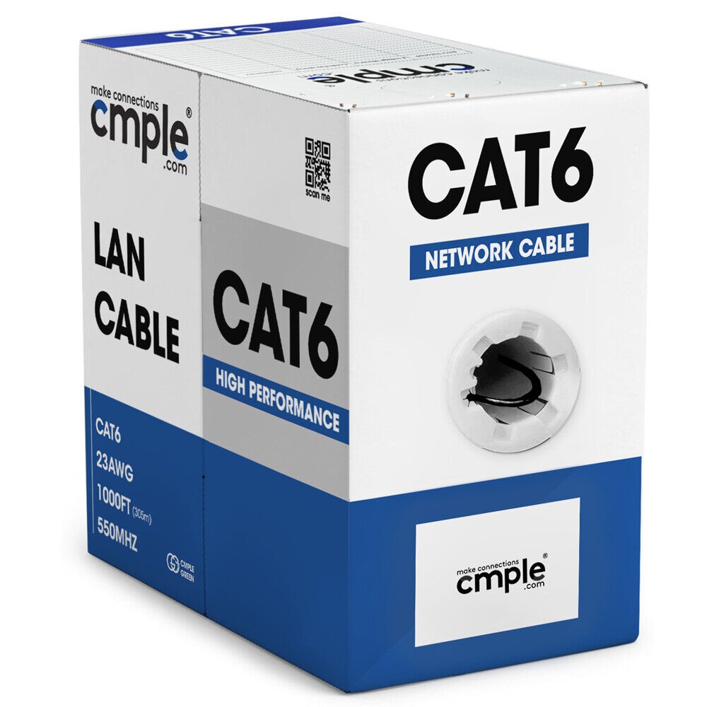 Cat6 Ethernet Cable 1000ft Riser CMR Solid 23AWG UTP 550MHz Pull Box Black