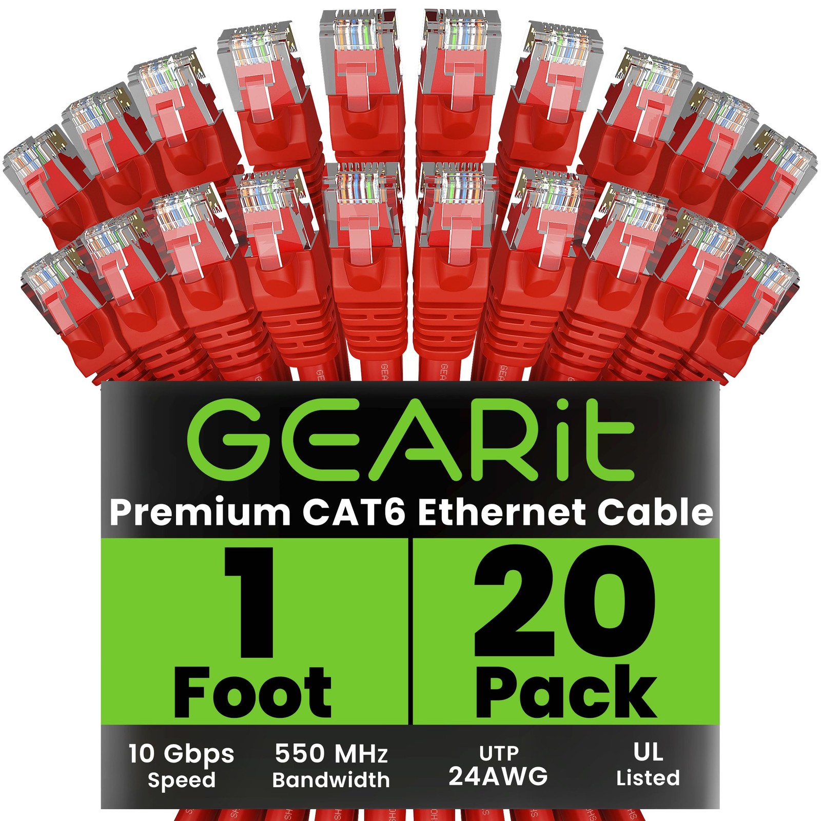 20-Pack 1 Foot Cat 6 Ethernet Cable 10Gbps RJ45 Snagless Network Patch Cord