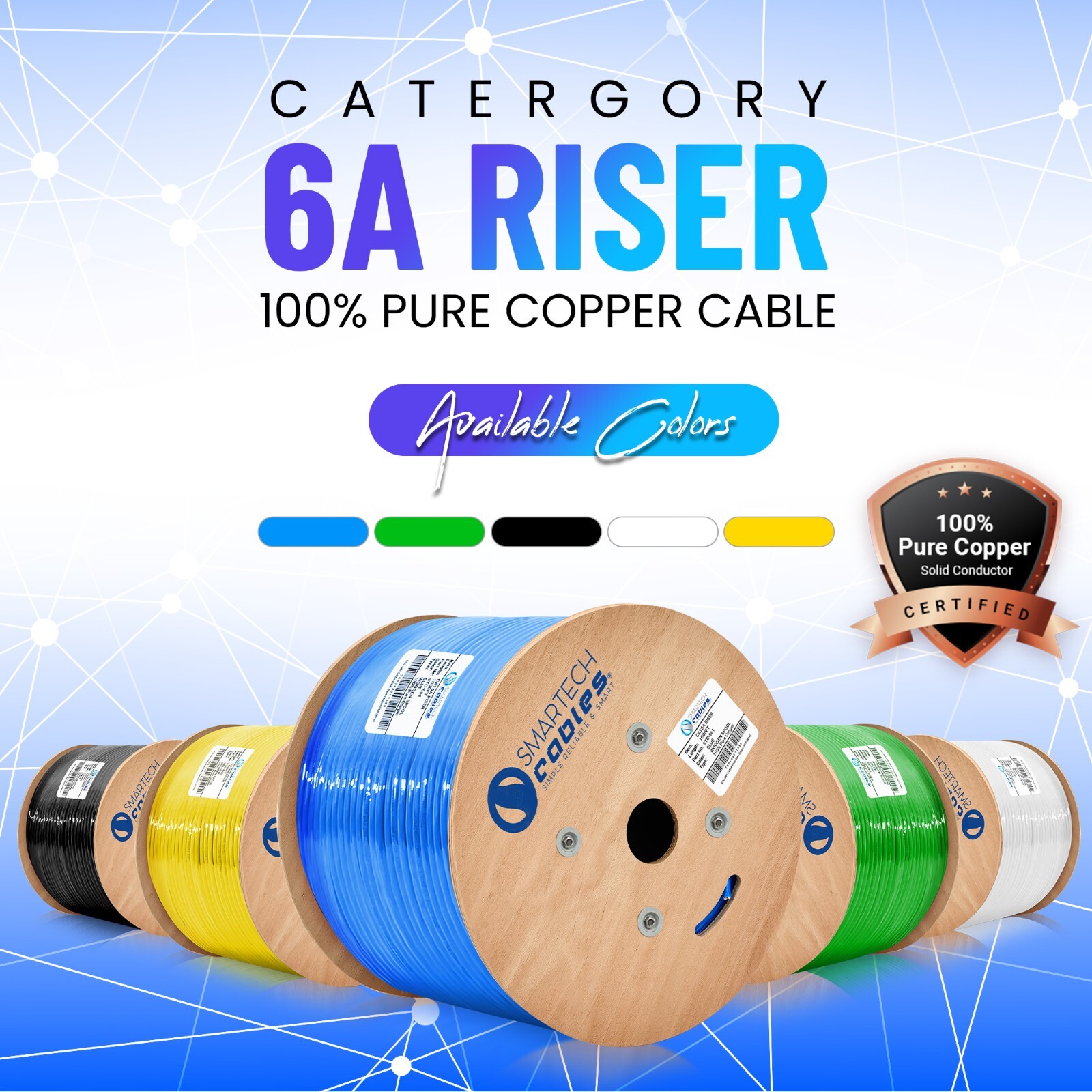 1000ft CAT6A Riser Ethernet Cable – Solid Bare Copper, CMR 750MHz UTP Bulk Blue