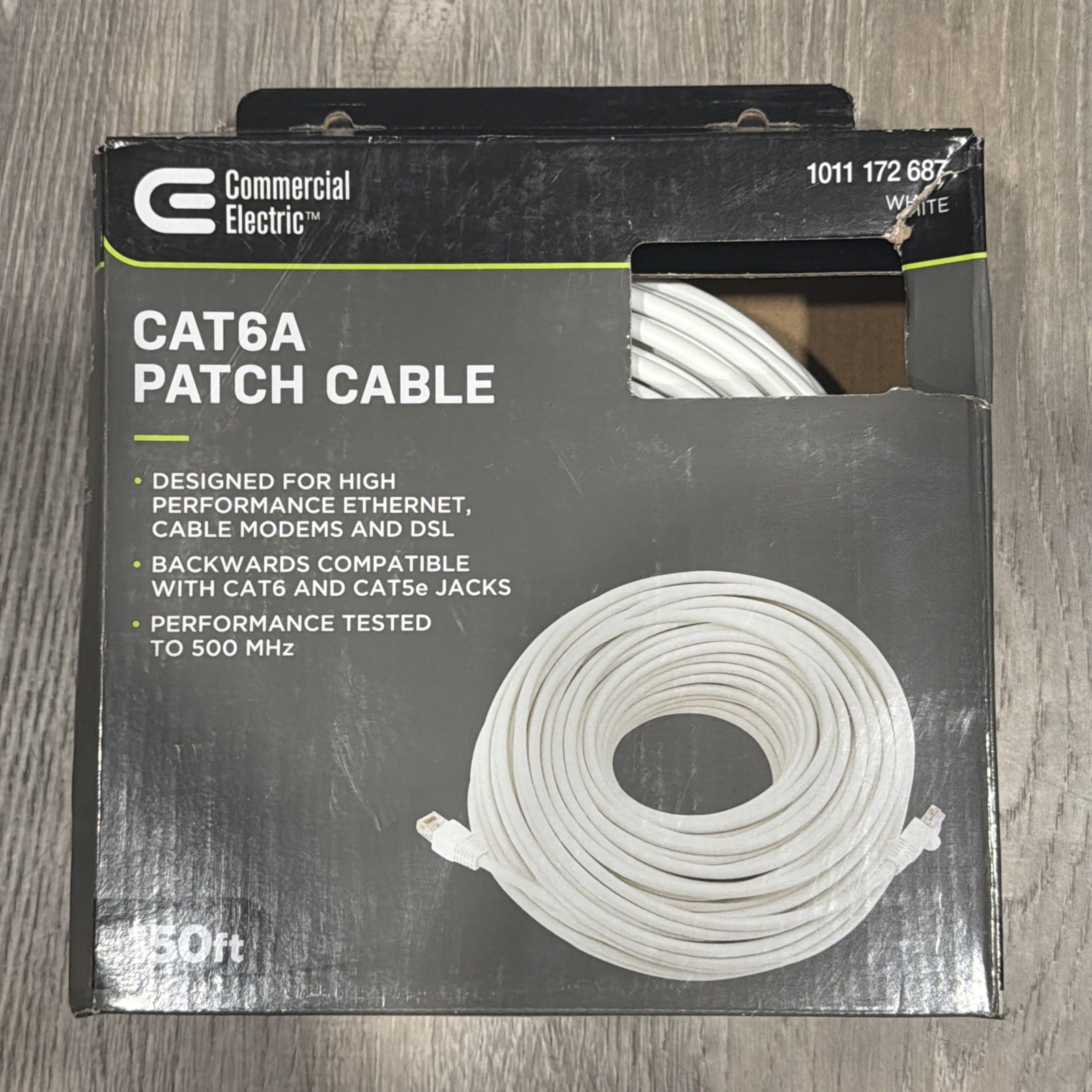 Commercial Electric Cat 6A Patch Cable, 150ft, White, 1011172687