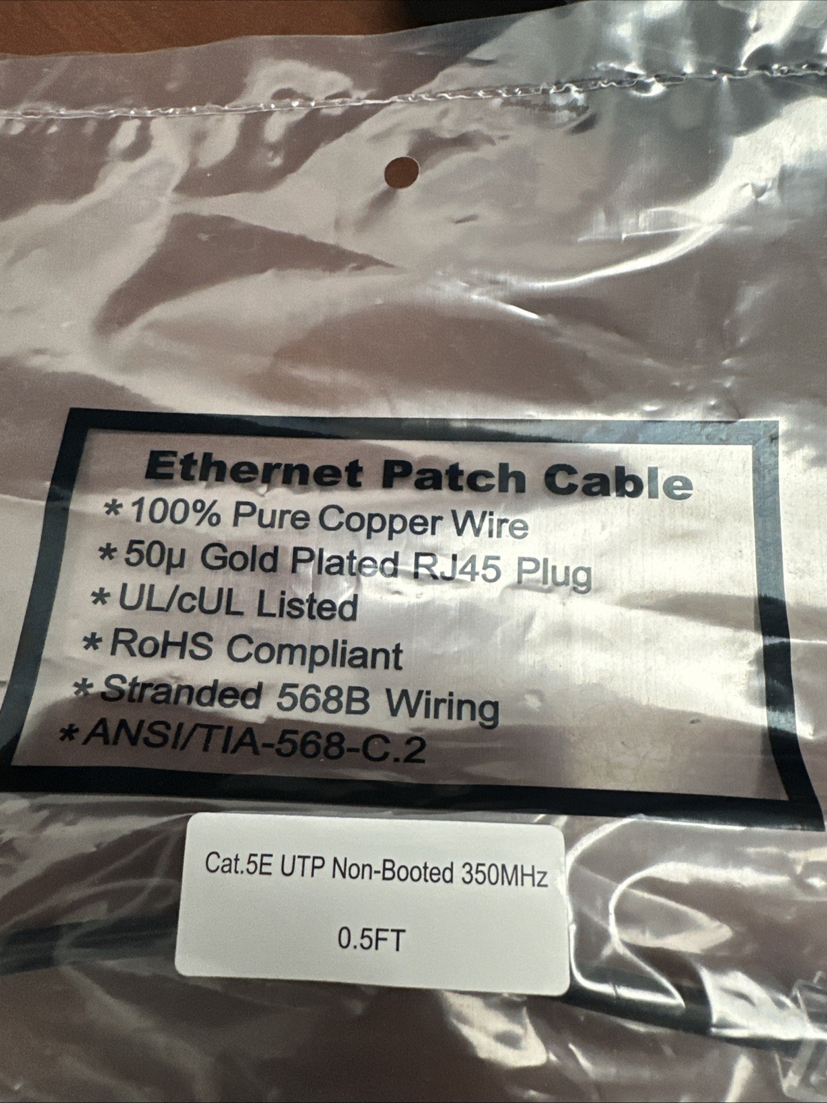 Cat5e Ethernet Network Patch Cable RJ45 350Mhz UTP Bare Copper 24AWG 0.5ft Black