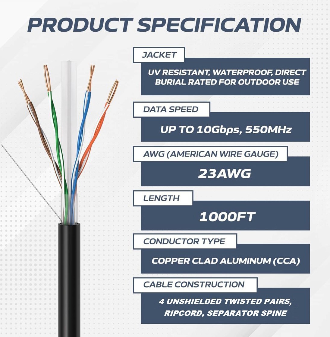 1000FT CAT6 UTP OUTDOOR Ethernet Network Cable 23AWG Solid Direct Burial Wire