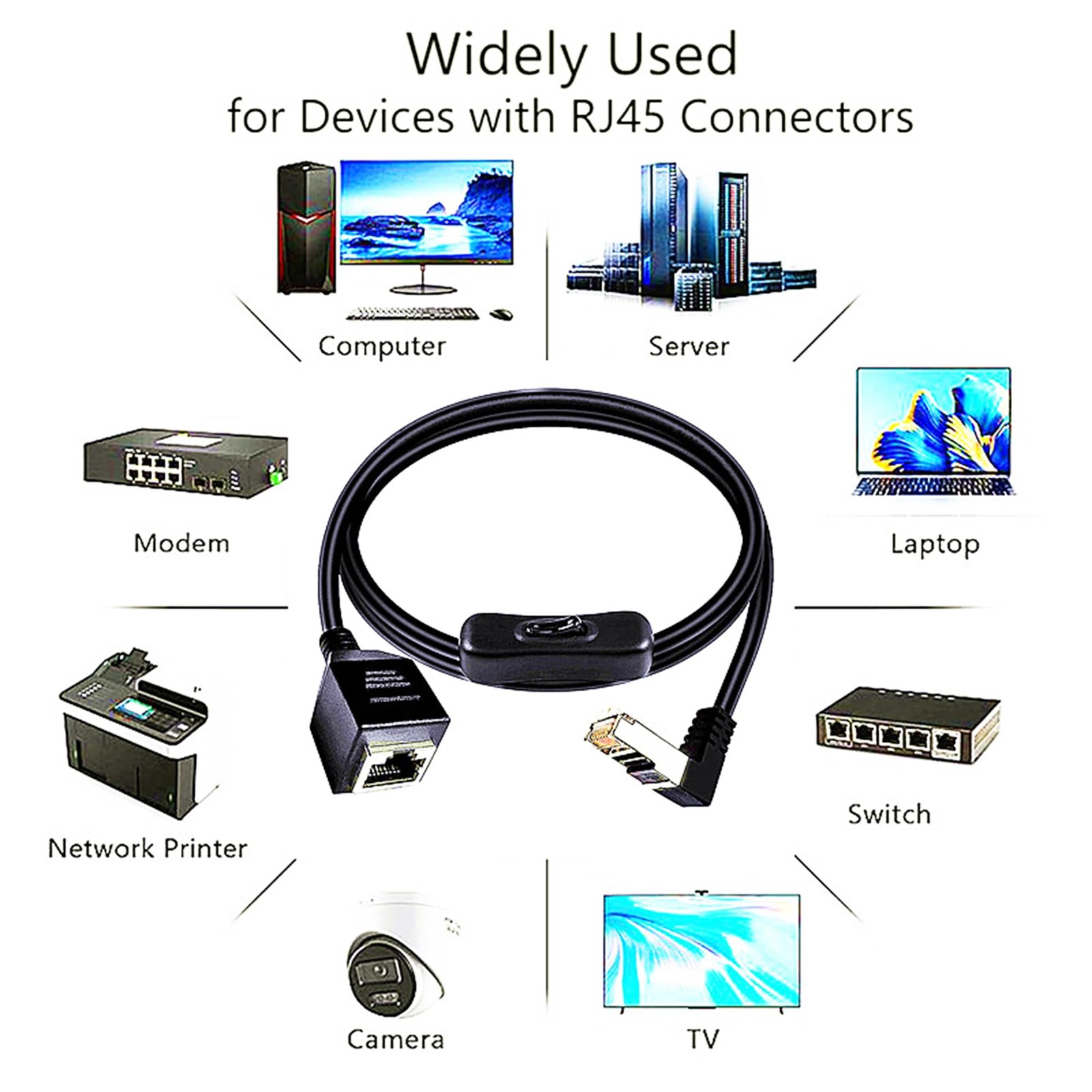 RJ45 Extension Cable CAT6e Ethernet 90 Degree Male To Female Switch 3.3 Ft