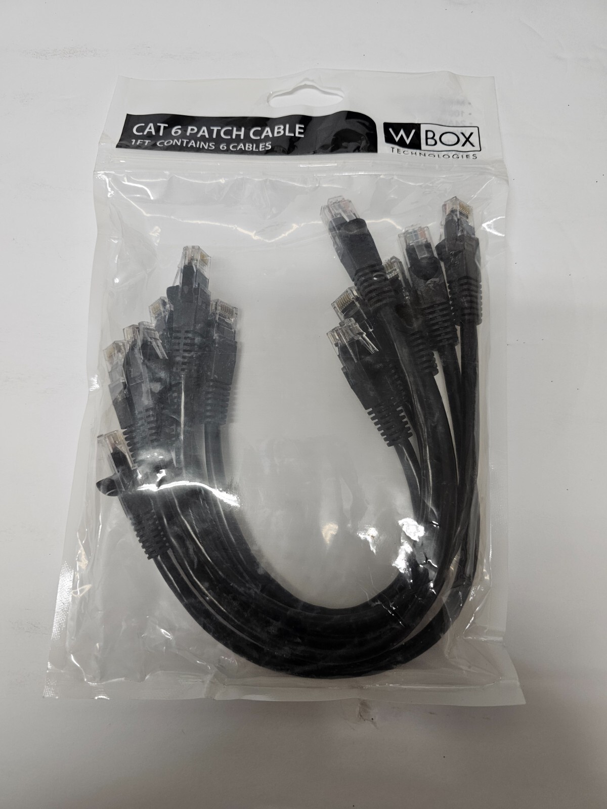 W Box 0E-C6BK16 CAT6 Patch Cable, RJ 45 Male, 1′ (0.3m), 24AWG, Black, 6-Pack
