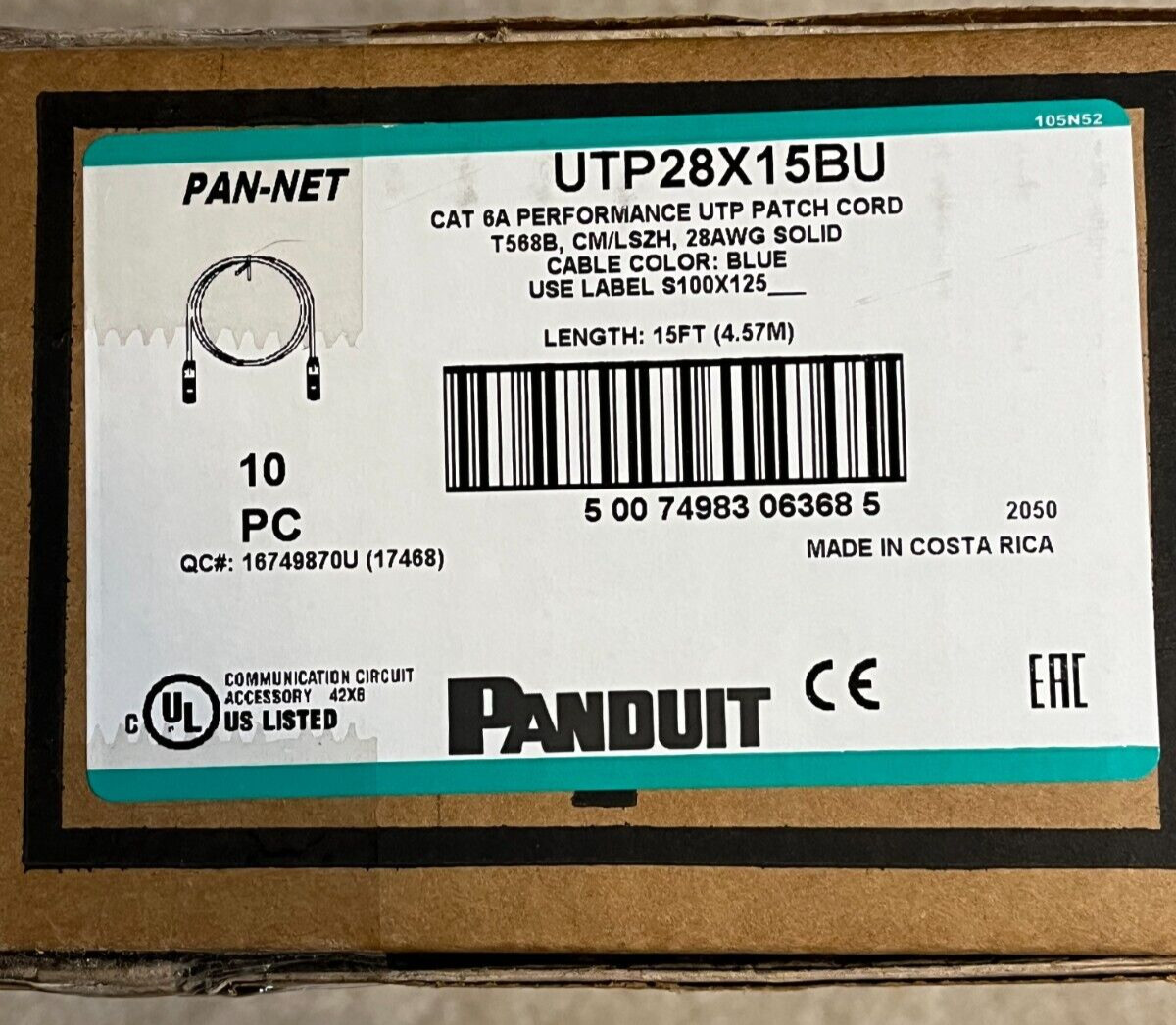 Box of 10 Panduit UTP28X15BU 15ft Cat 6a Utp Cable RJ45 Patch Cord Blue New