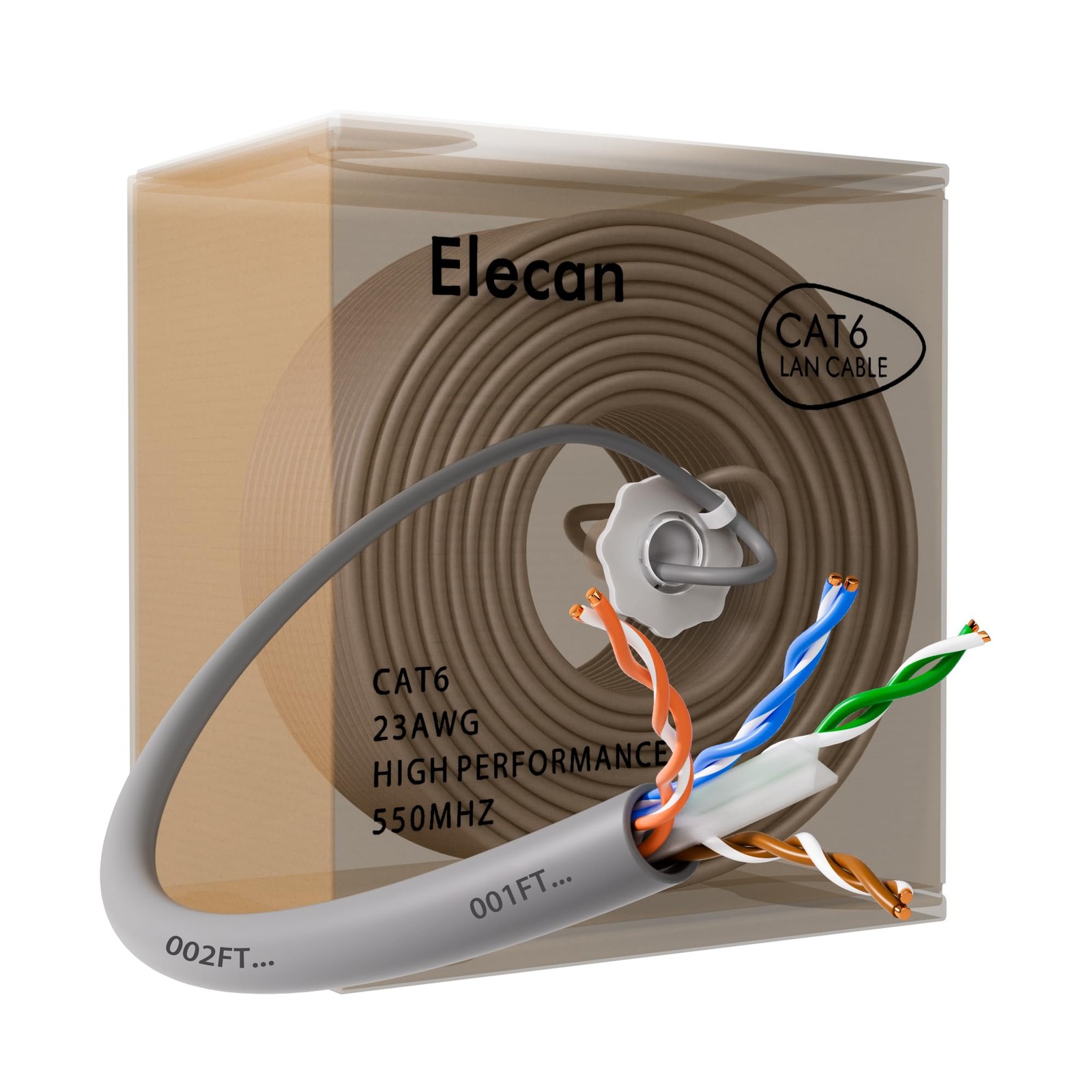 Elecan Bulk Cat 6 Ethernet Cable 300 Ft Gray, Easy Pull Box, Solid 23AWG Oxyg…