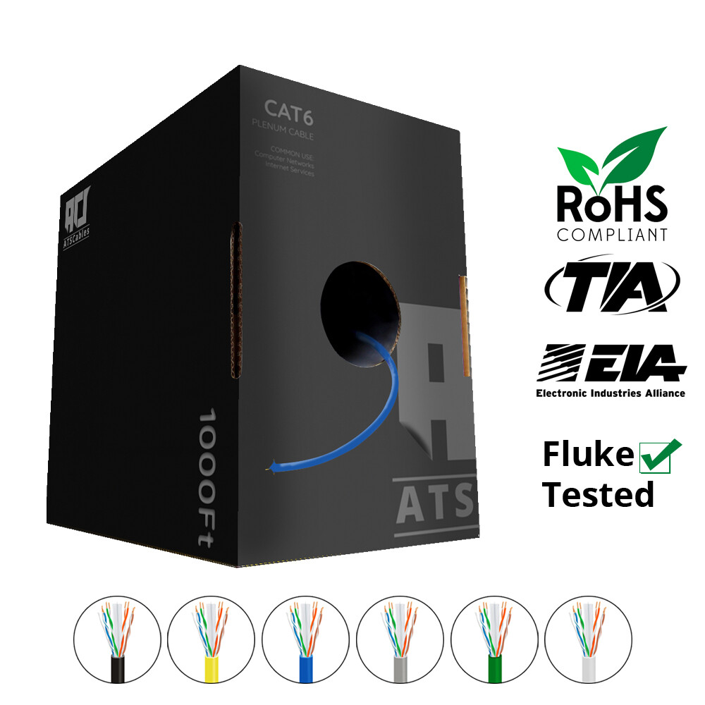 Bulk Cat6 Plenum 1000ft 550MHZ UTP 23 AWG Solid 10 Gigabit Available in 9 colors