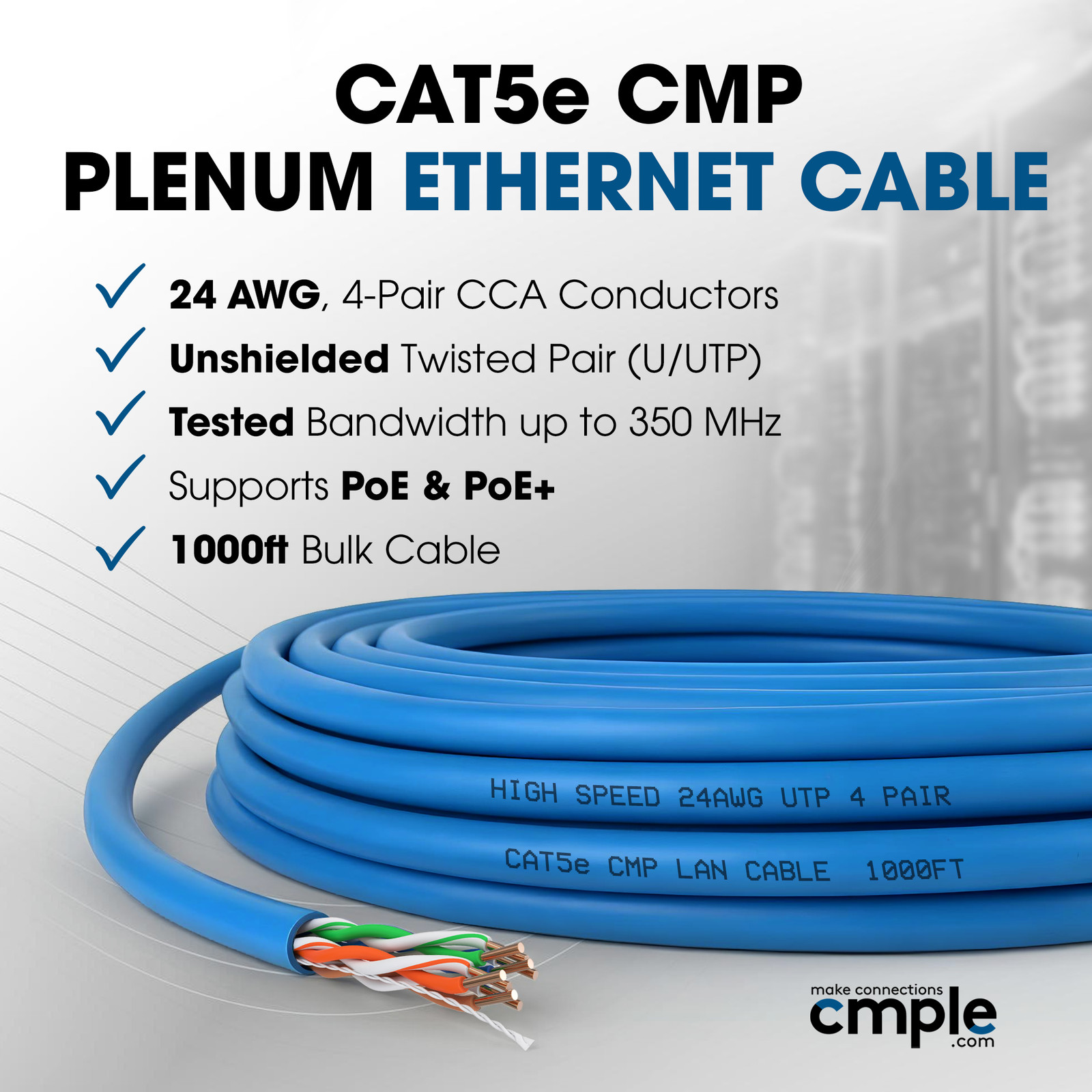 Cat5e Ethernet Cable CMP Plenum 1000ft Bulk Solid 24AWG Wire RJ45 NET LAN Cord