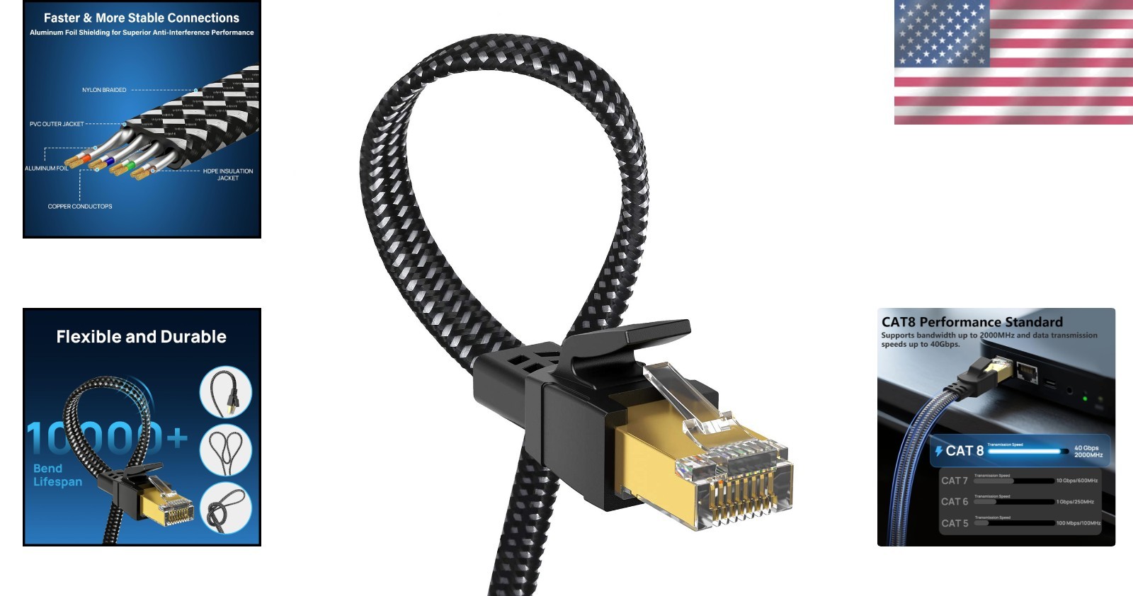Cat 8 Ethernet Cable, 1.5Ft High Speed Shielded LAN Cord for Gaming & Streaming
