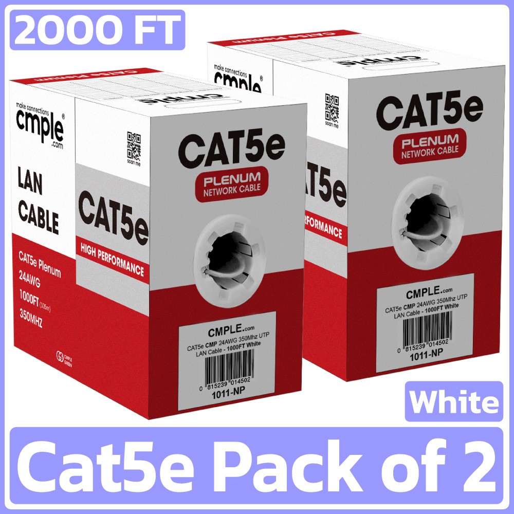 2 Pack Cat5e Ethernet Cable 1000ft Plenum CMP Solid 24AWG UTP Pull Box White