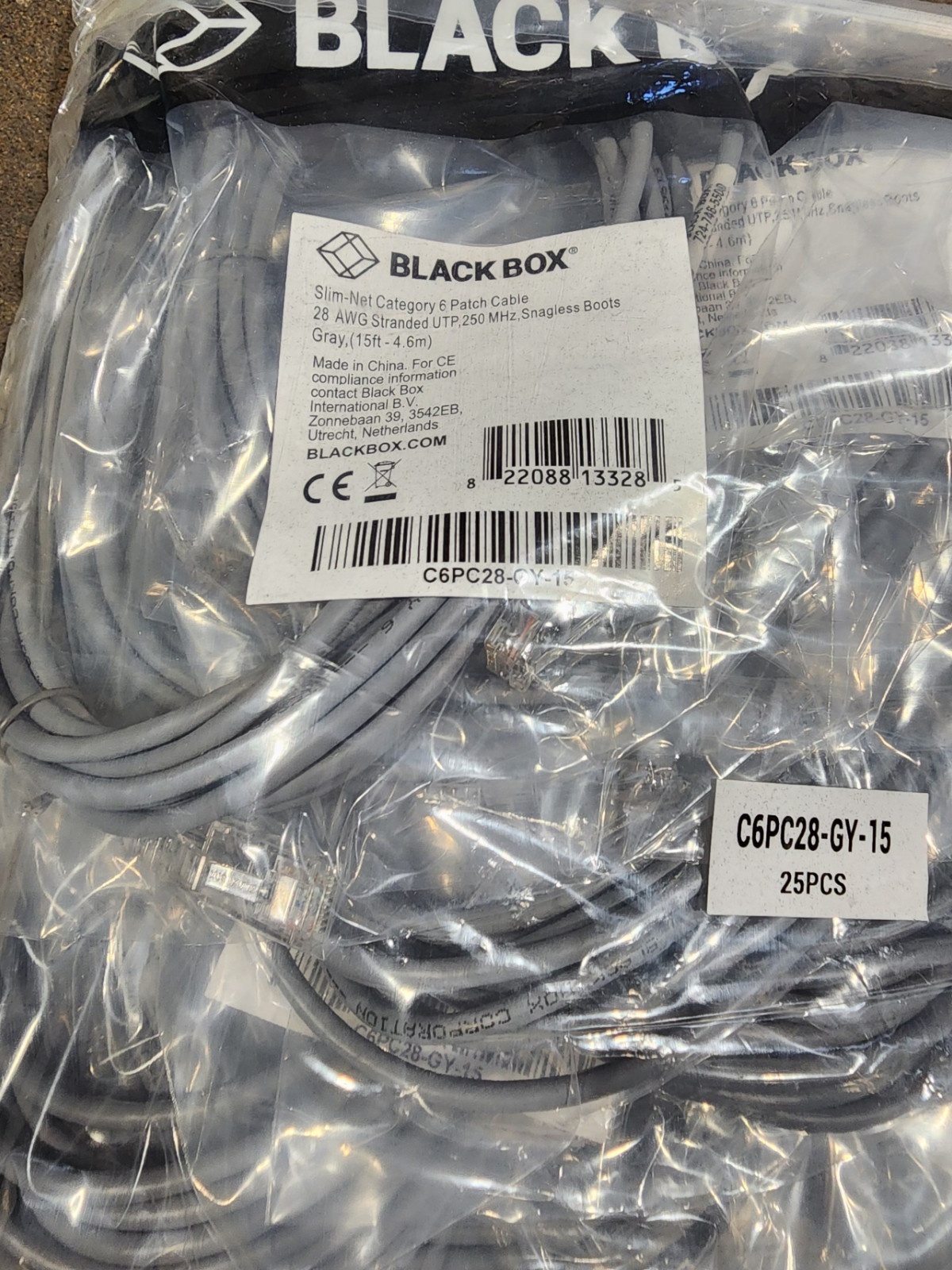 50 Pack 15ft Gray Black Box Slim-Net Cat 6A Patch Cable 28AWG UTP Snagless