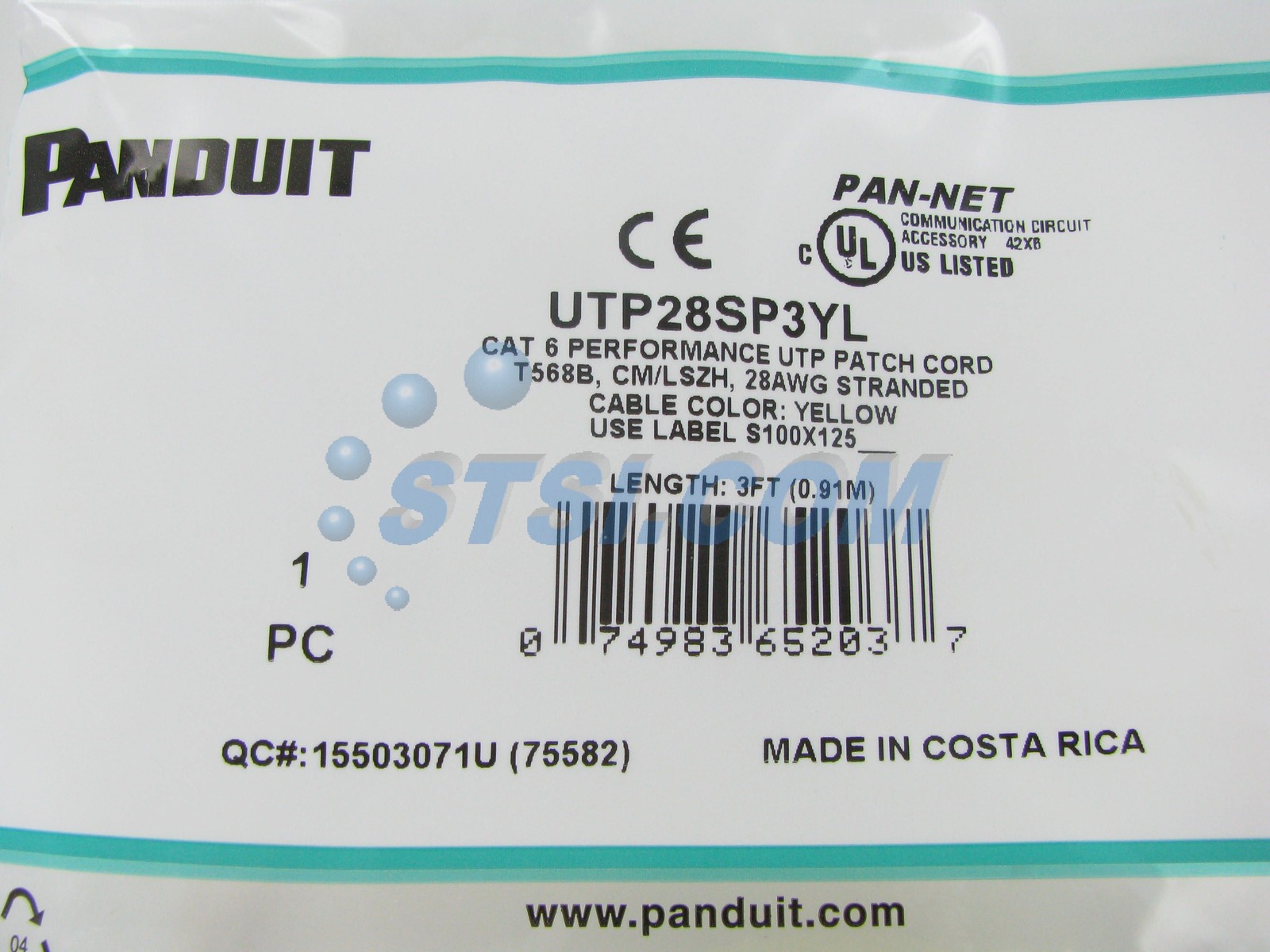 Panduit UTP28SP3YL Cat6 28awg Network Patch Cable, 3 Ft Yellow ~STSI