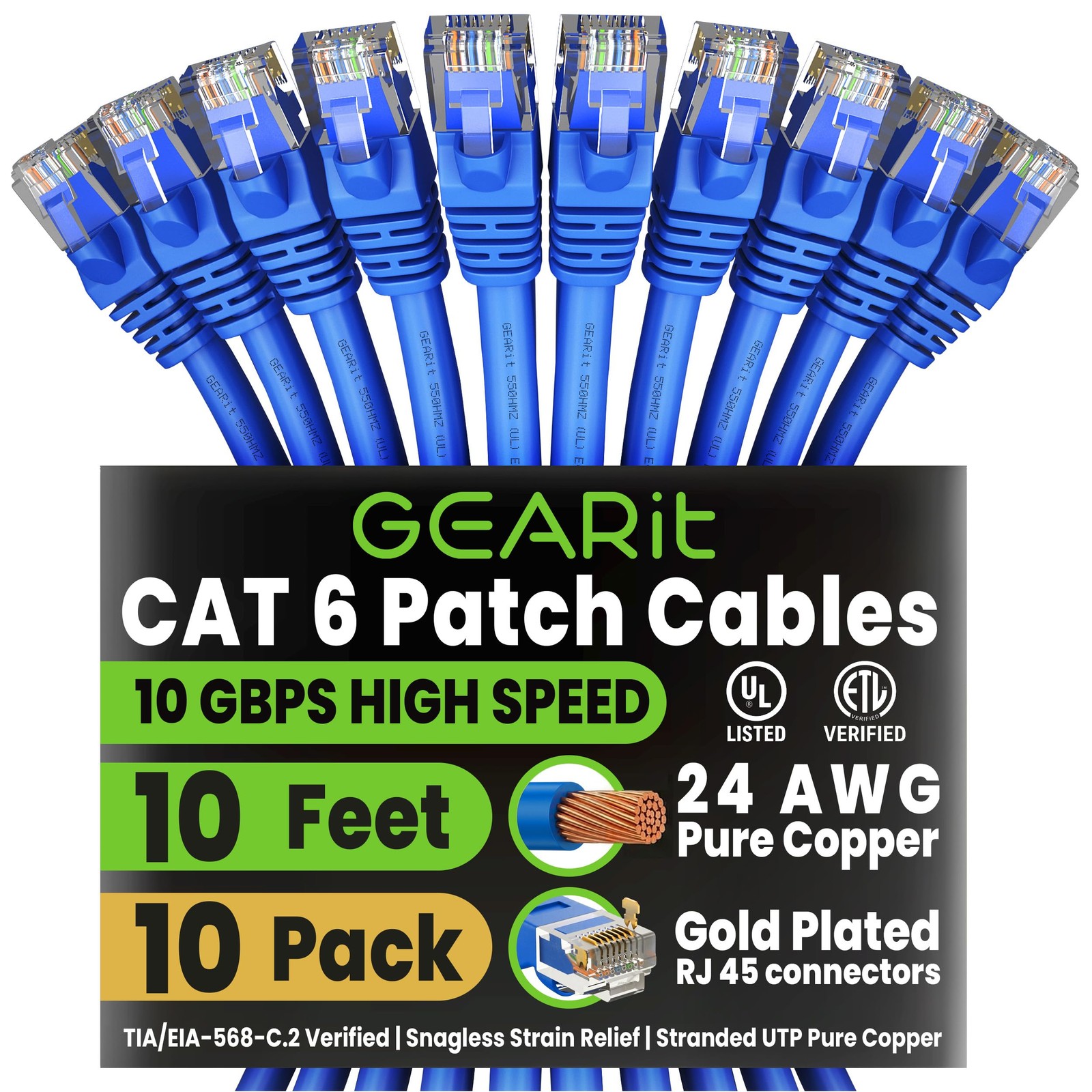 GEARit Cat 6 Ethernet Patch Cable 10 ft Blue (10 Pack) – Cat6 Patch Cables 10ft