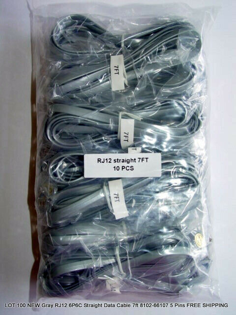 Lot of 20 New Gray RJ12 6P6C Straight Data Cables 7ft 8102-66107 FREE SHIPPING