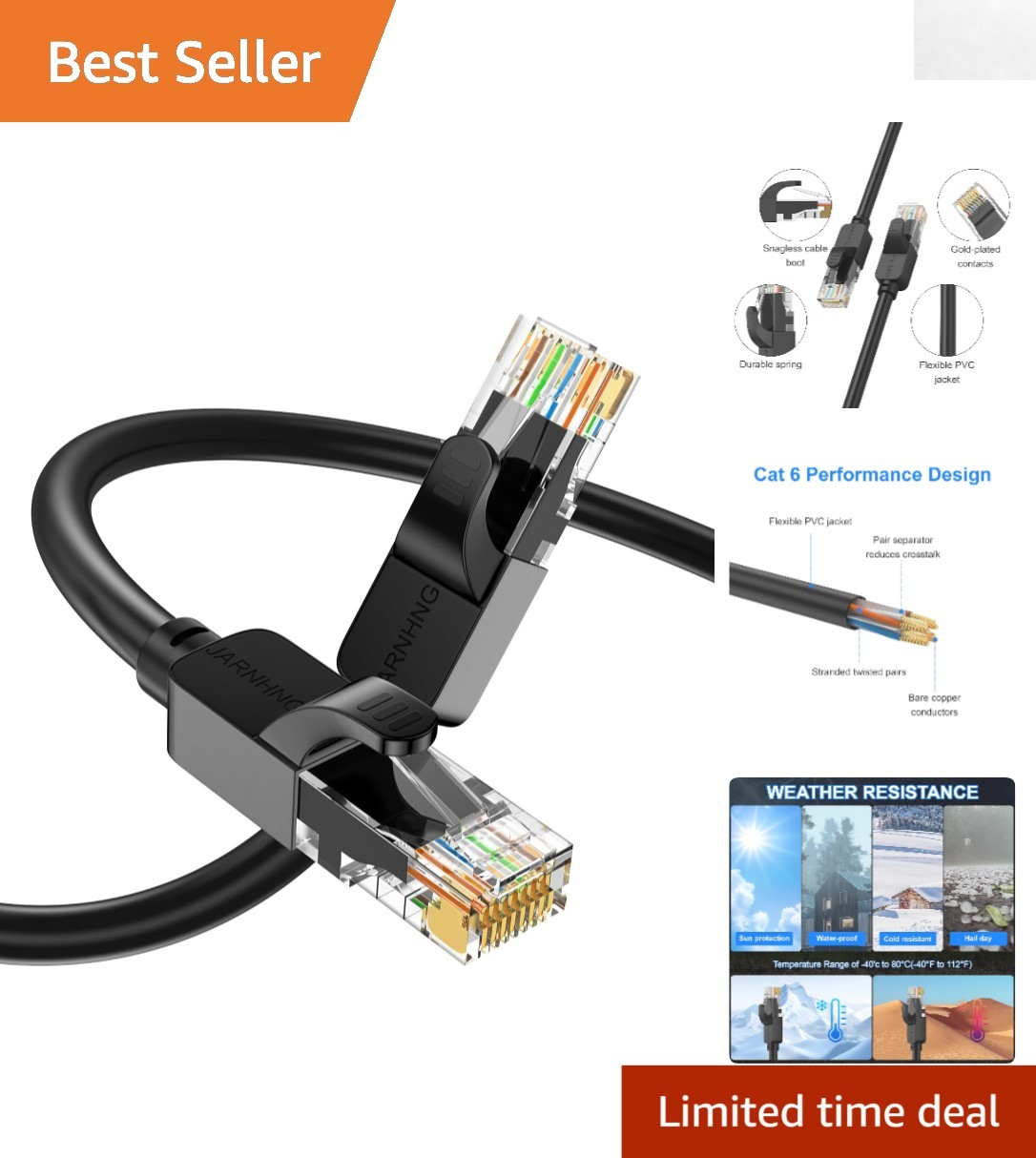Cat 6 Ethernet Cable, 1.5ft – 10Gbps for Gaming, UV & Weather Resistant
