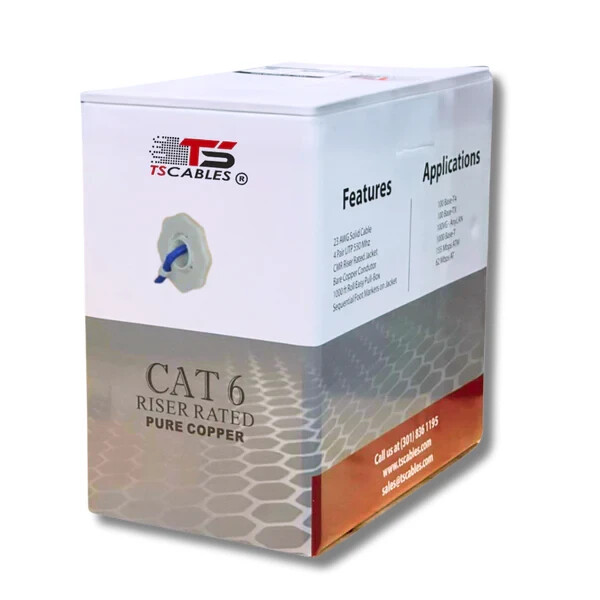 TS Cables Bulk Cat6 Riser Pure Copper 1000ft Bulk 550 Mhz CMP Cable in 3 colors