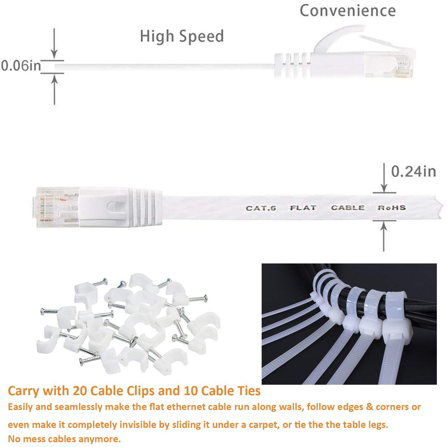 Ethernet Cable 100 ft Cat 6 Flat Cable Slim Long Cat6 High Speed Computer Net