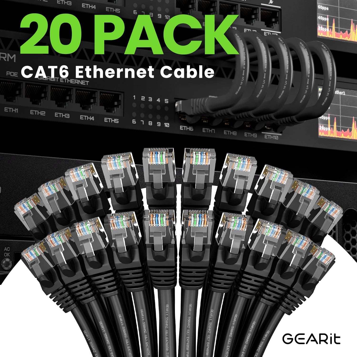 Cat 6 Snagless Patch Ethernet Cable 3 Feet 20 Pack – Black