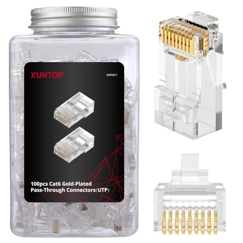 100-Pack RJ45 Connectors for Cat6 Cat5 Cat5e Gold-Plated RJ45 Pass Through