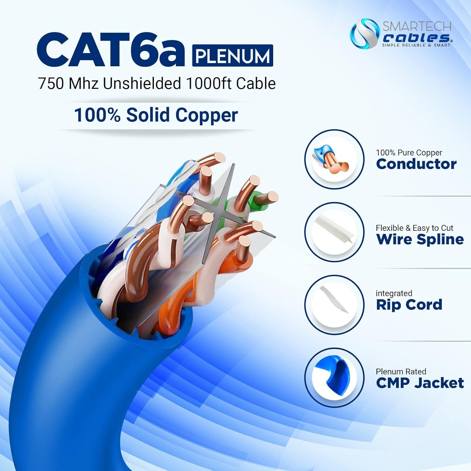 Cat6A Plenum 1000ft Bulk Solid Bare Copper UTP 750MHz 23AWG Ethernet Cable Black