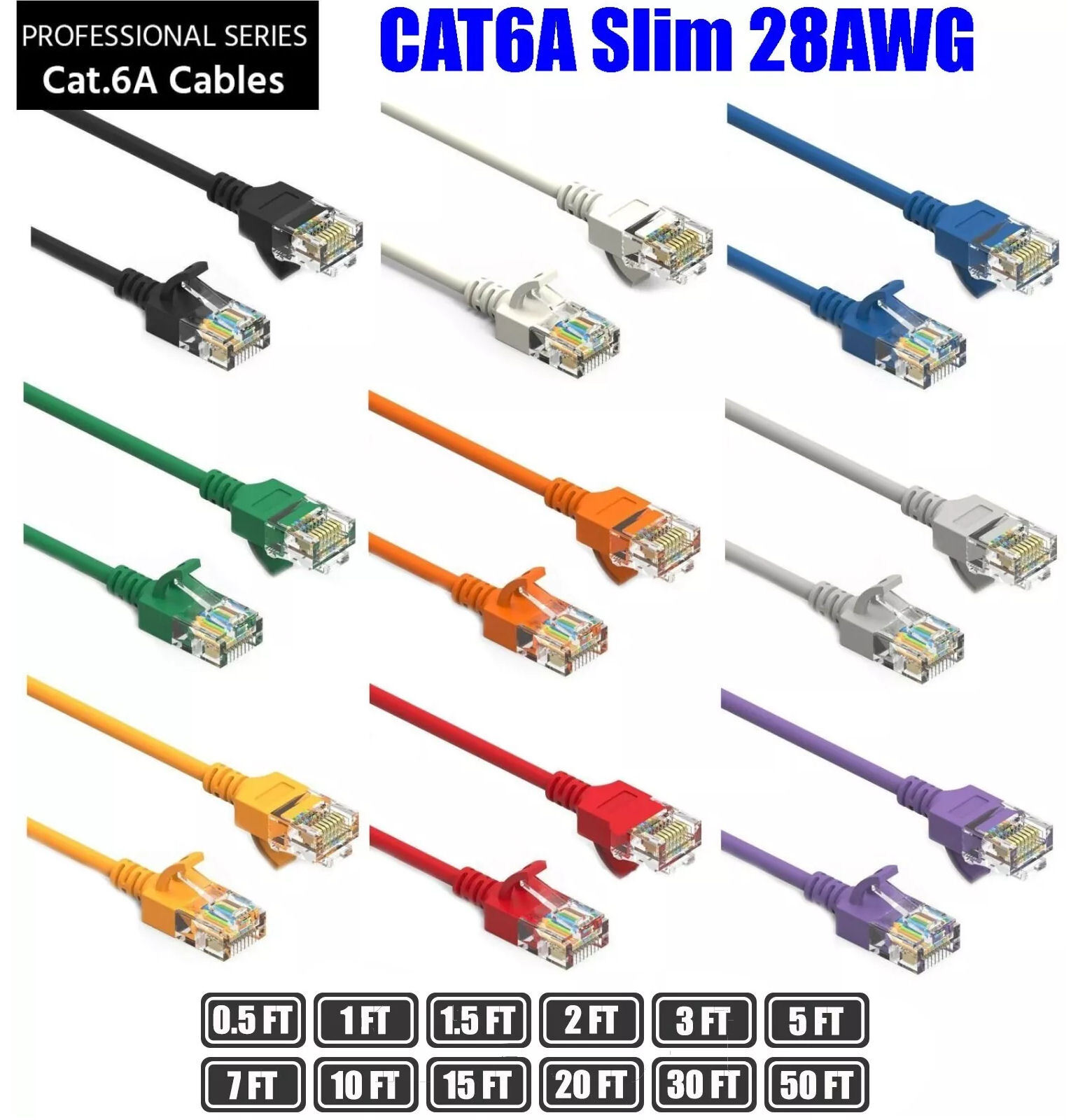 0.5 – 50 Ft CAT6A Slim RJ45 Network LAN Ethernet Copper Wire Color Patch Cable