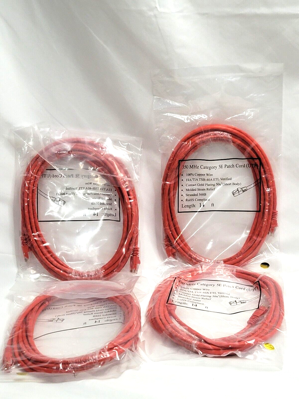 4 Cat5e 14 Ft Patch Cords UTP Enhanced 350MHZ UL ETL Category 5 RED 14′ Cable