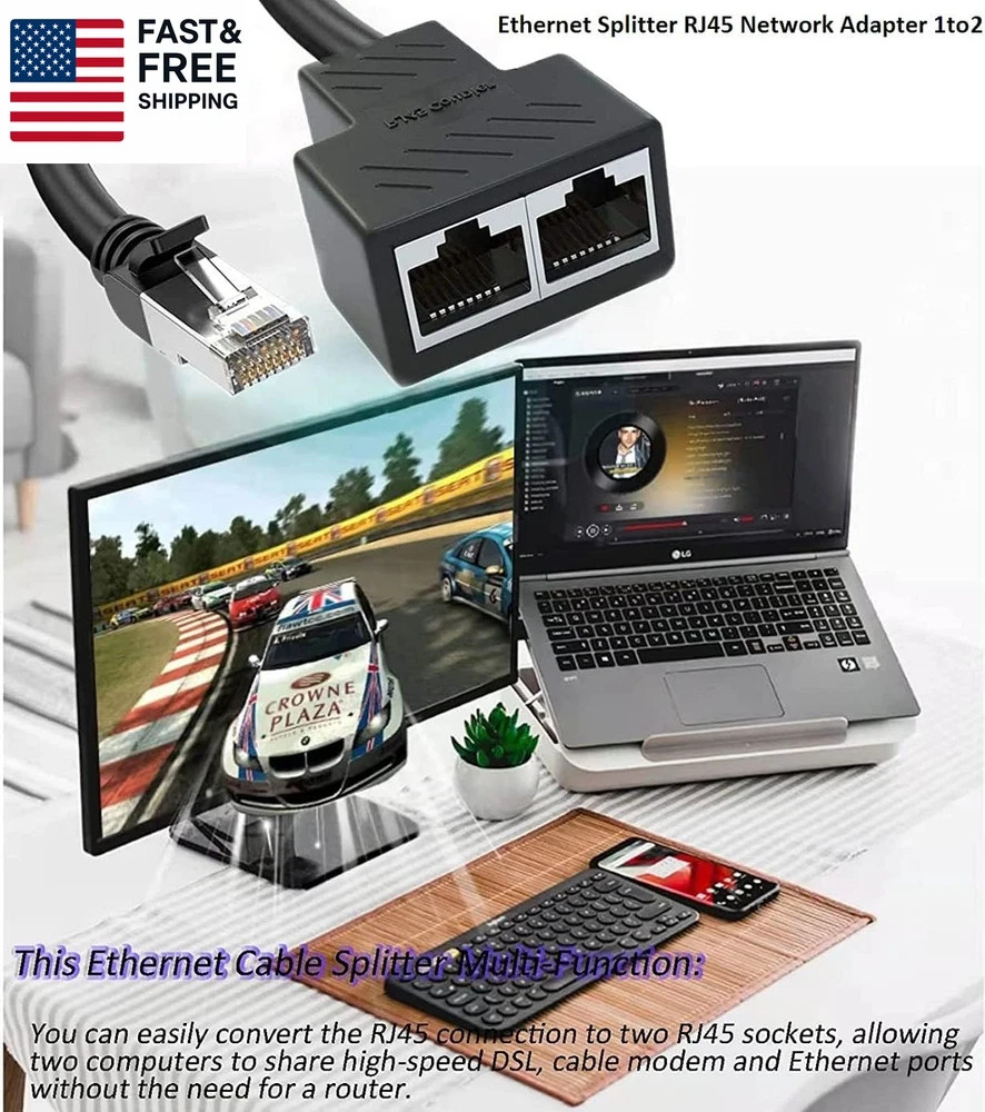 Ethernet Splitter 1 to 2 RJ45 Network Cable Adapter, Note Only Connect One Net