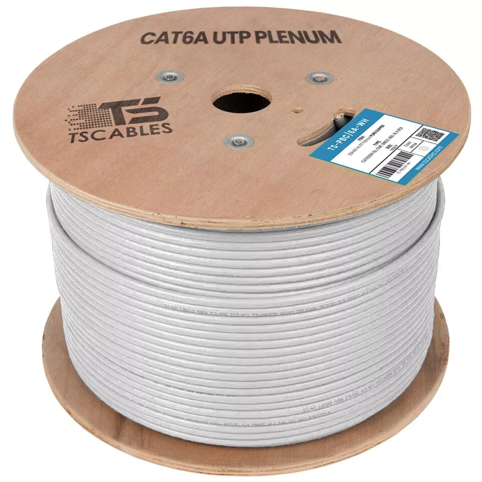 TS Cables Cat6a Plenum Solid Bare Copper 750 Mhz UTP 1000ft Ethernet Cable White