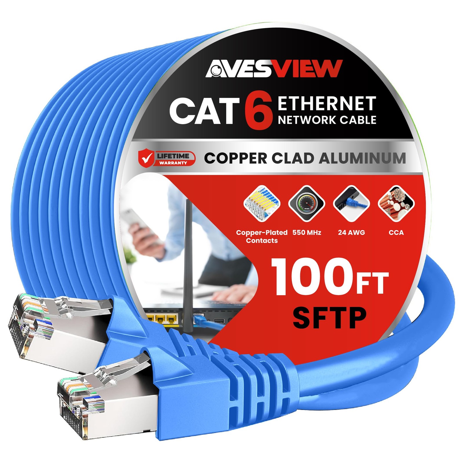 CAT 6 Shielded Ethernet Cable 100FT SFTP 10Gbps Snagless Blue for Router PC