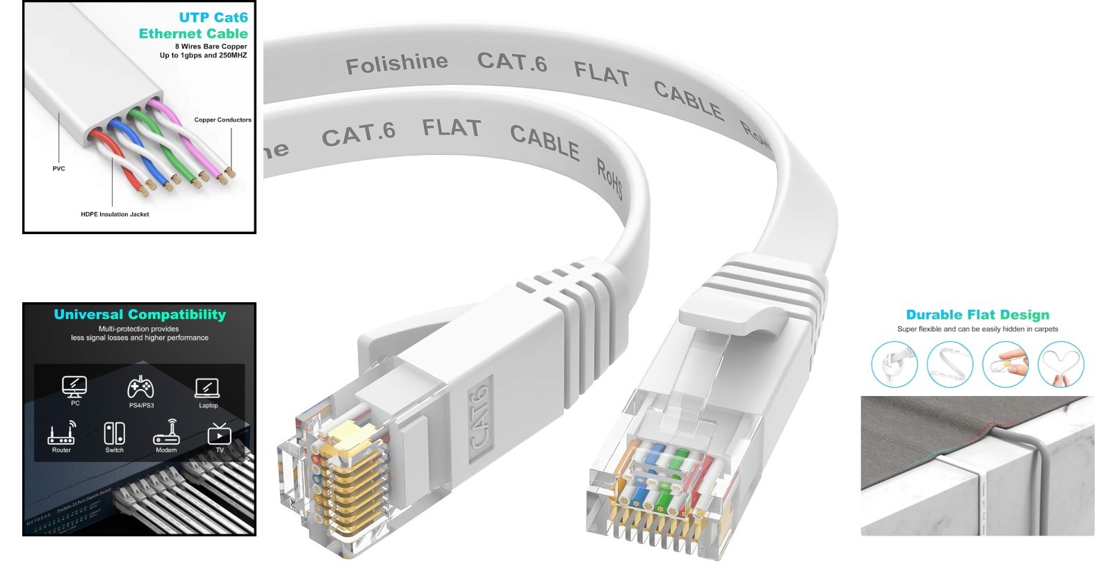 Flexible 15 ft Cat 6e Ethernet Cable with Durable RJ45 Connectors for Gaming