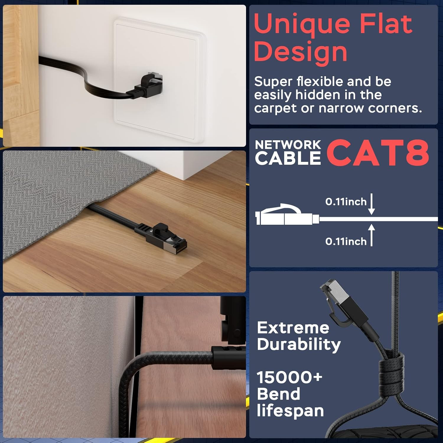 50ft Cat 8 Ethernet Cable 40Gbps 2000Mhz – High Speed LAN Cord for PS6 PS5 Xbox