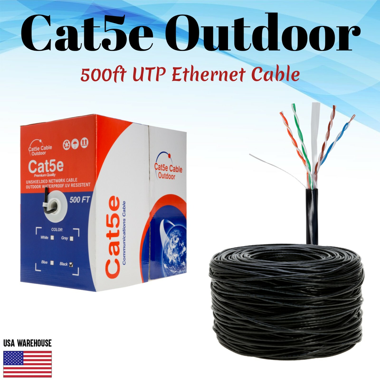 500ft Cat5e Cat5 Outdoor Ethernet Cable UV Rated UTP Solid Direct Burial Black
