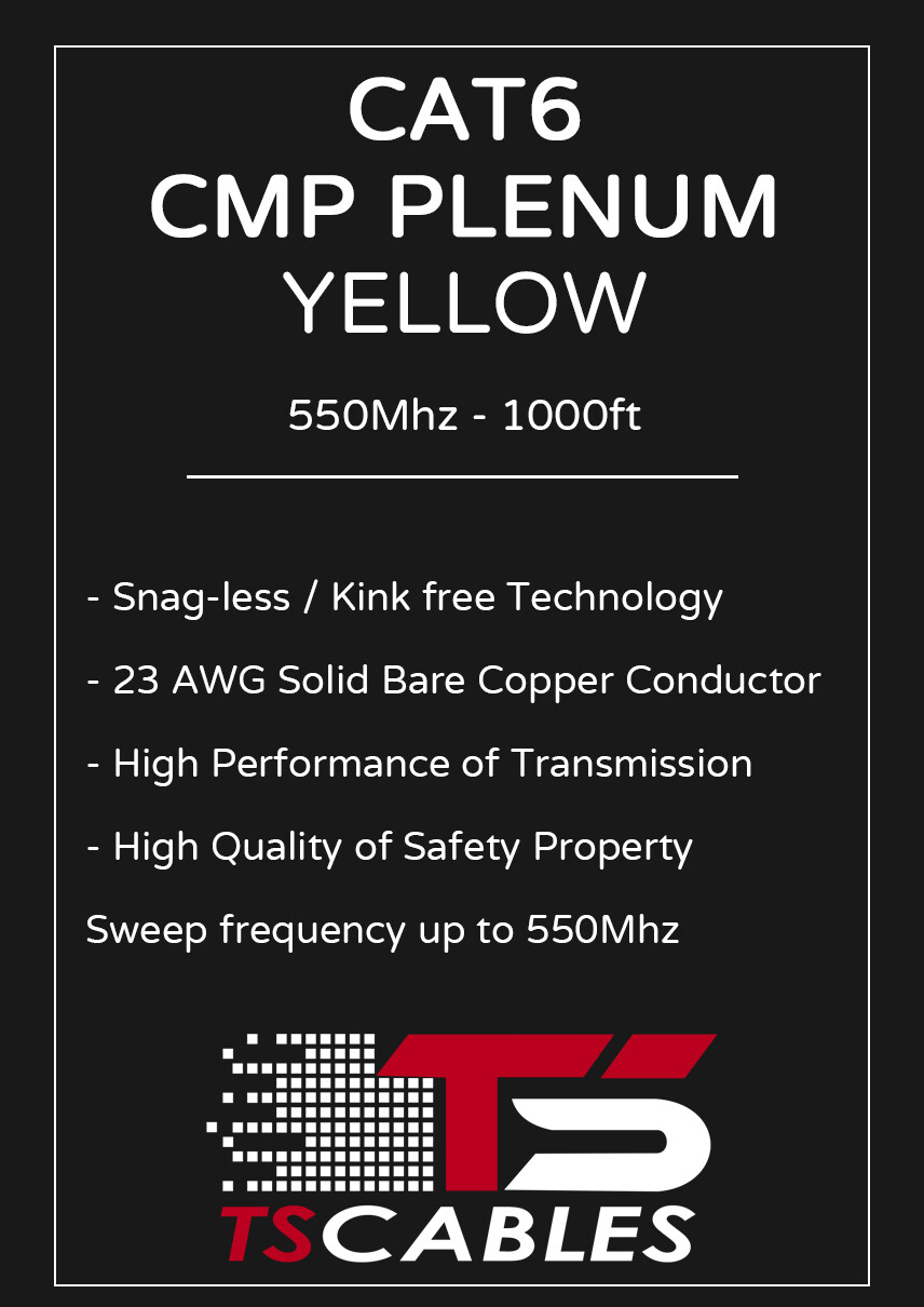 TSCables 550Mhz Cat6 Plenum 100% Solid Bare Copper UTP Ethernet Cable Yellow
