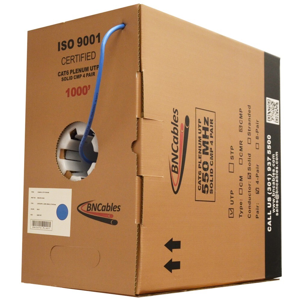 Cat6 Plenum (CMP) Cable 1000ft 23AWG, DTX-1800 Solid 550Mhz 10Gigabit UTP Blue
