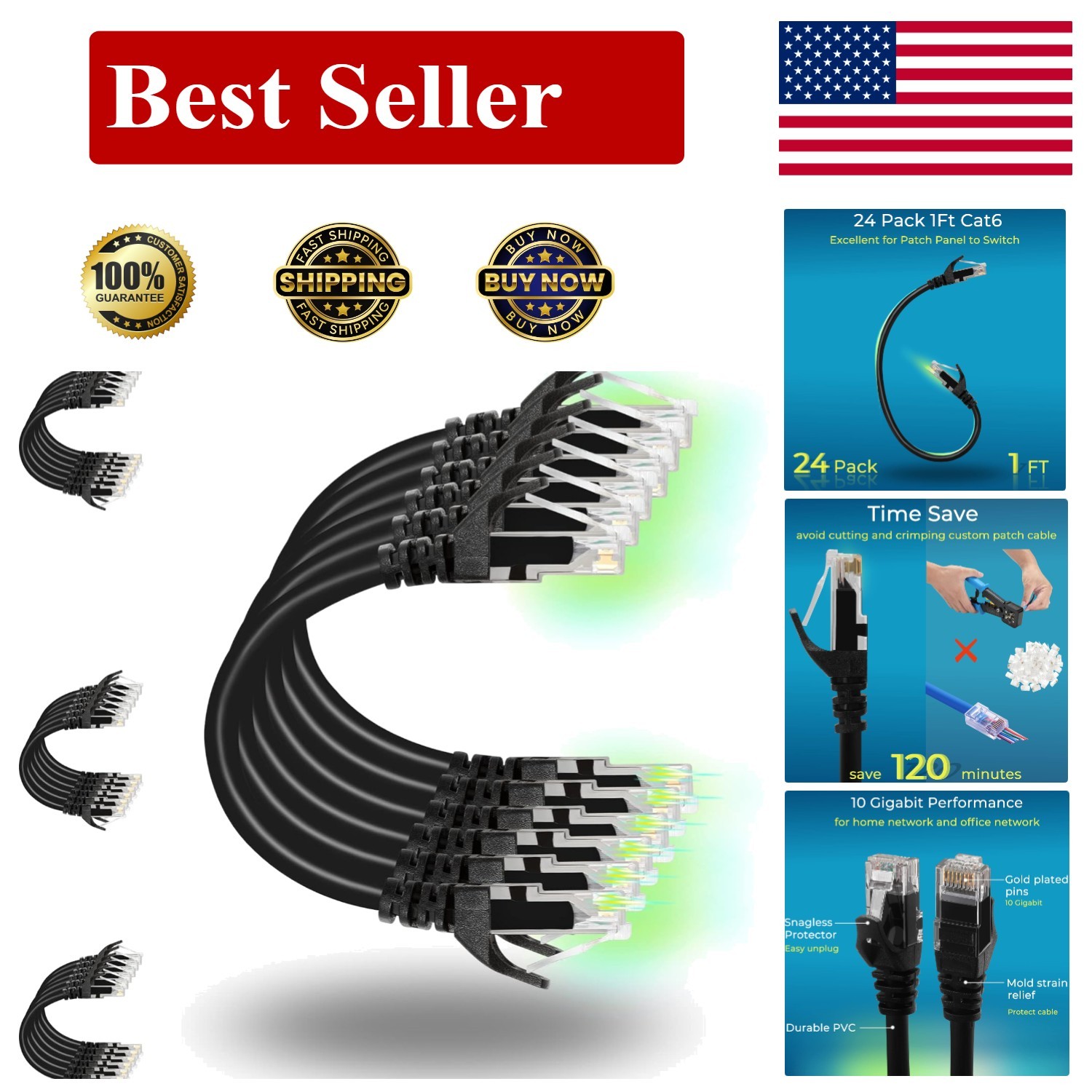 Rapink Patch Cables Cat8 1ft 24 Pack Slim, Ethernet 1ft, Black