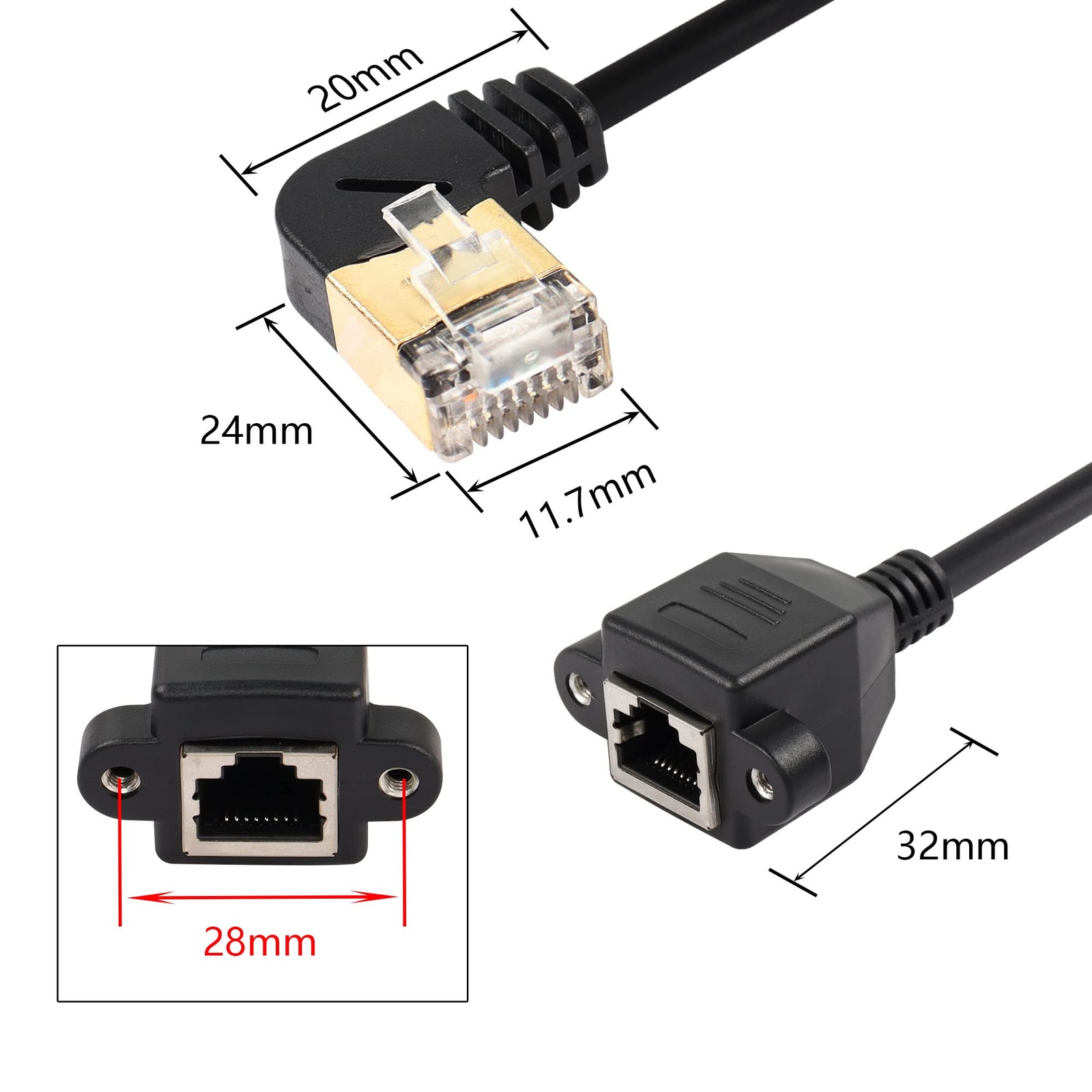 0.5M Left Angle Cat8 LAN Cable RJ45 Male Female Shielded Ethernet Extender Mount