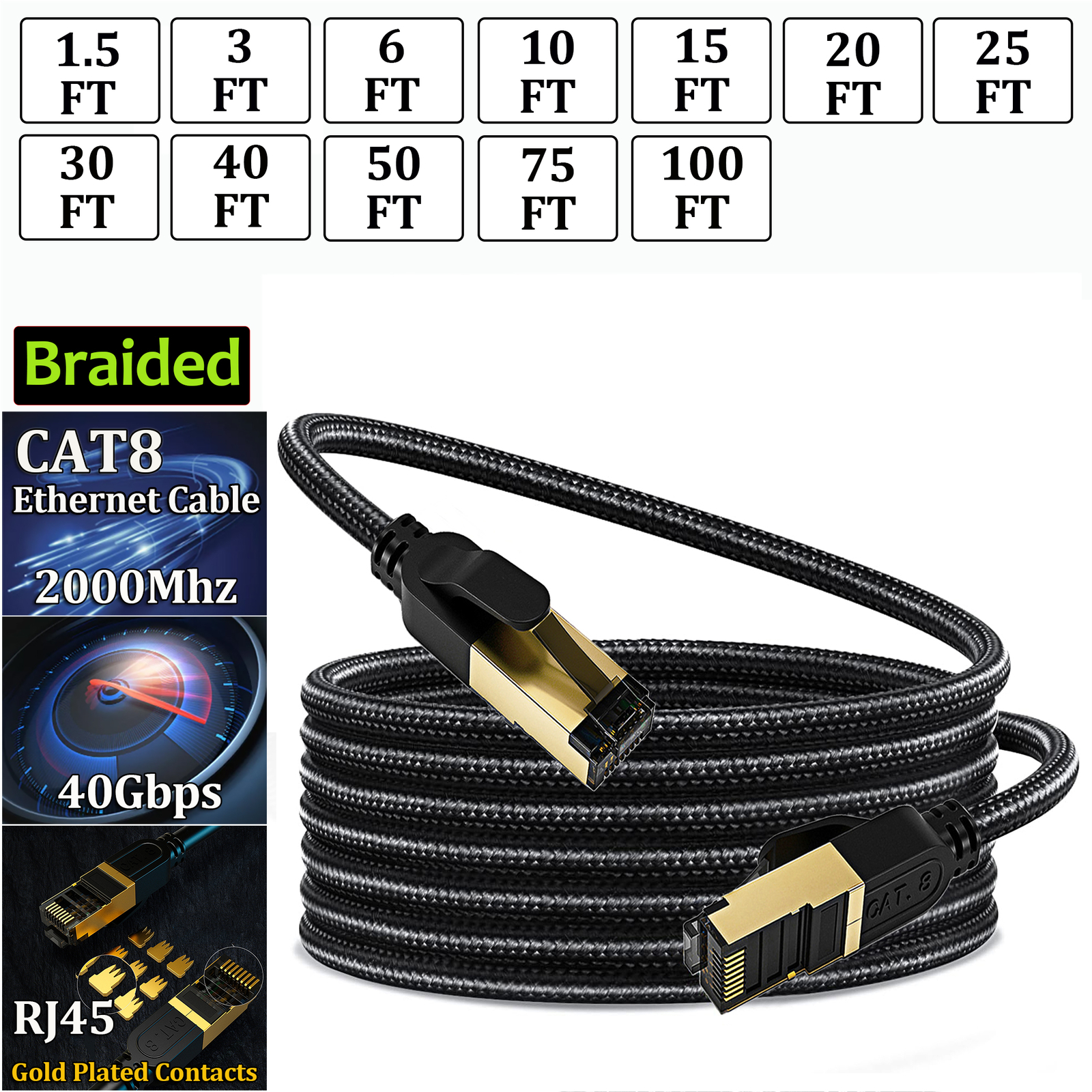 Cat 8 Braided Ethernet Cable RJ45 Super Speed 40Gbps 2000Mhz LAN Network Lot
