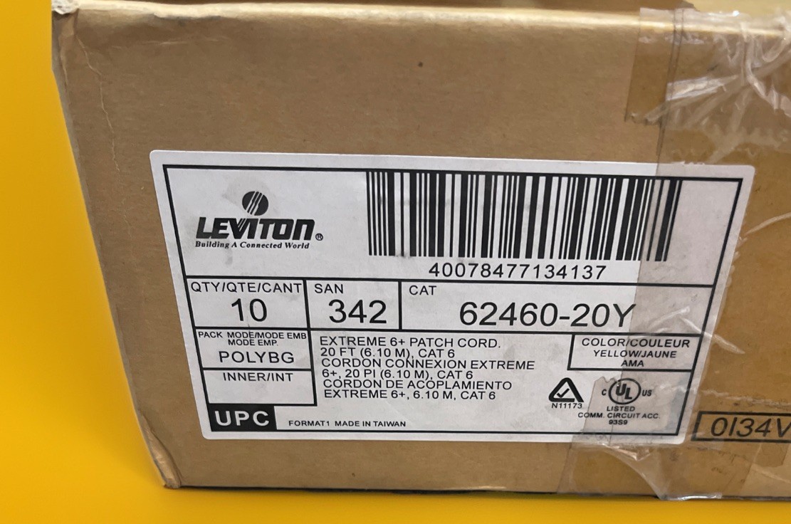 🔥Leviton 62460-20Y eXtreme Cat 6 UTP Patch Cord 20ft Yellow RJ45 ~ 10 Unit🔥