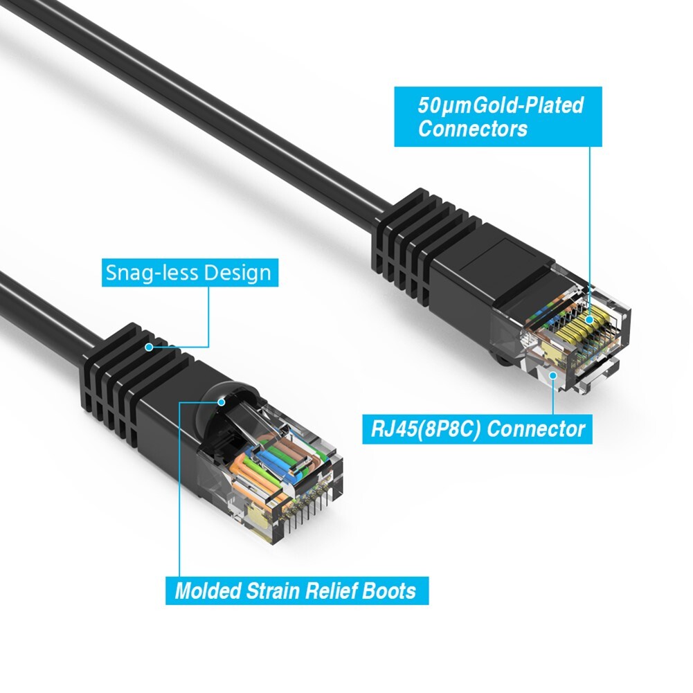2FT Cat5E RJ45 Network LAN Ethernet Internet Molded Snagless Patch Cable Black