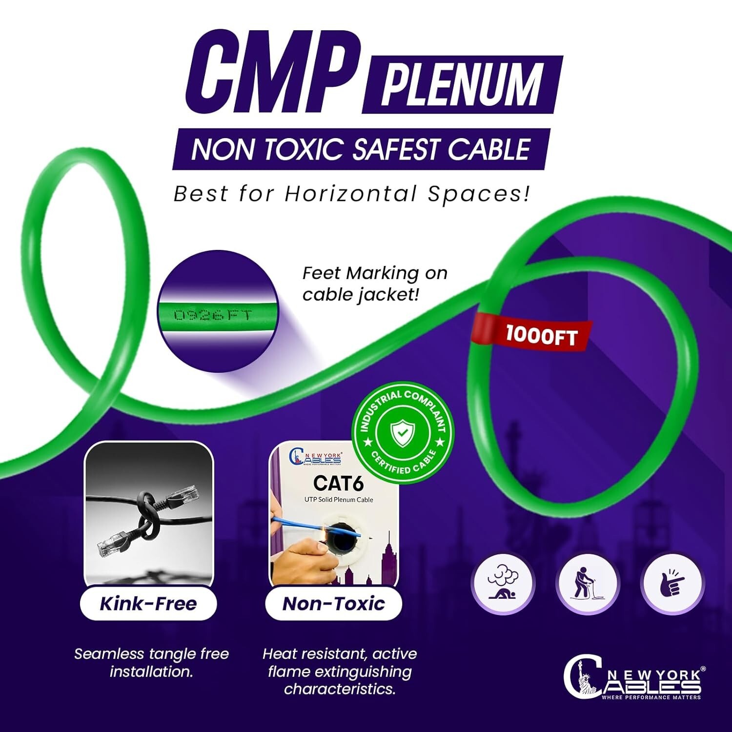 CAT6 Plenum CCA Cable 1000ft UTP Soild Network LAN 23AWG 550Mhz Bulk Wire Green