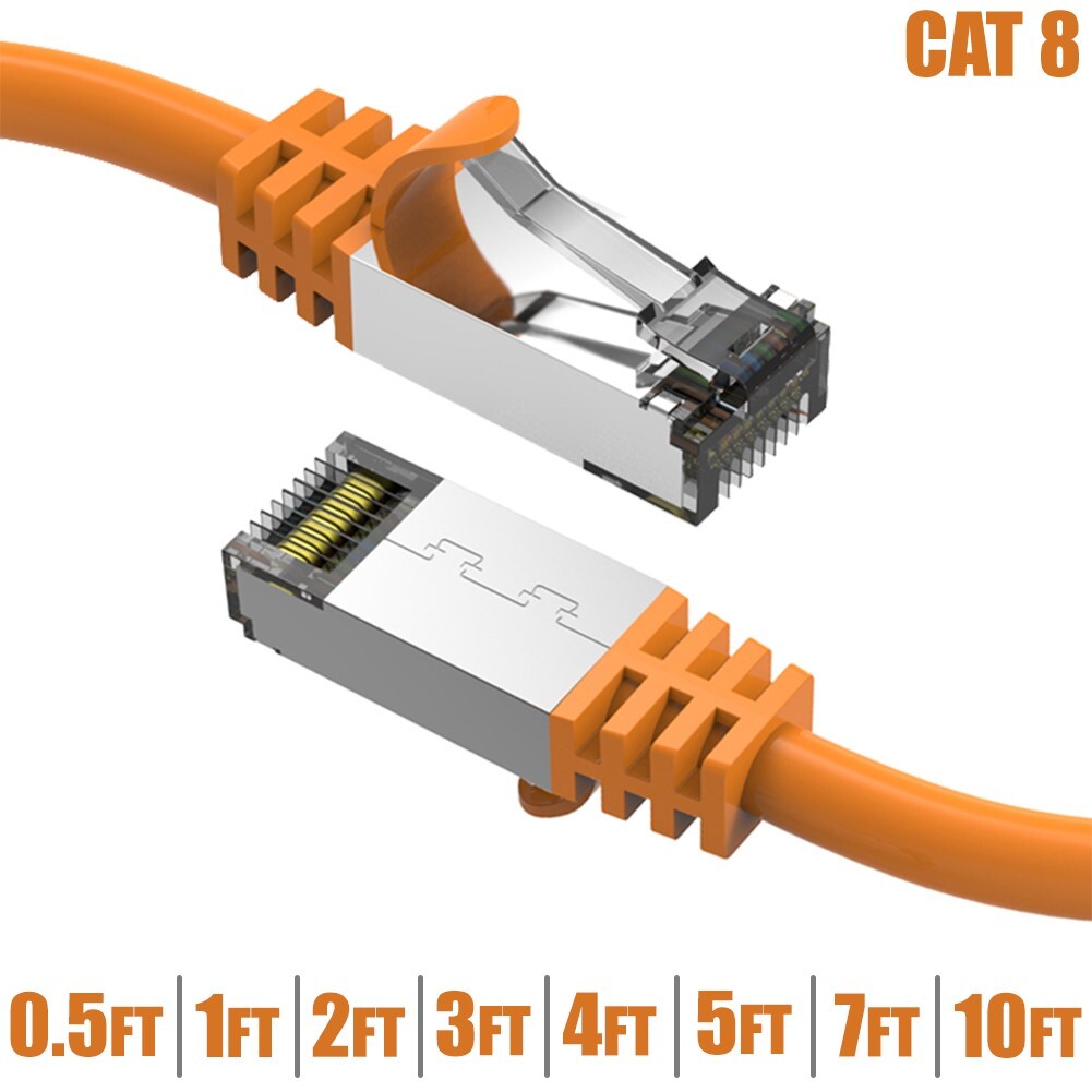 0.5FT – 10FT CAT8 RJ45 Network LAN Ethernet SFTP Cable 40Gbps 2GHz 26AWG Orange