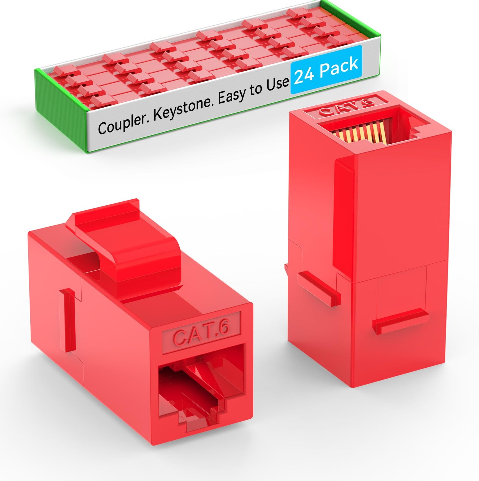 24 PCS Red CAT6 RJ45 Keystone Coupler Female To Female Inline Jack Wall Plate