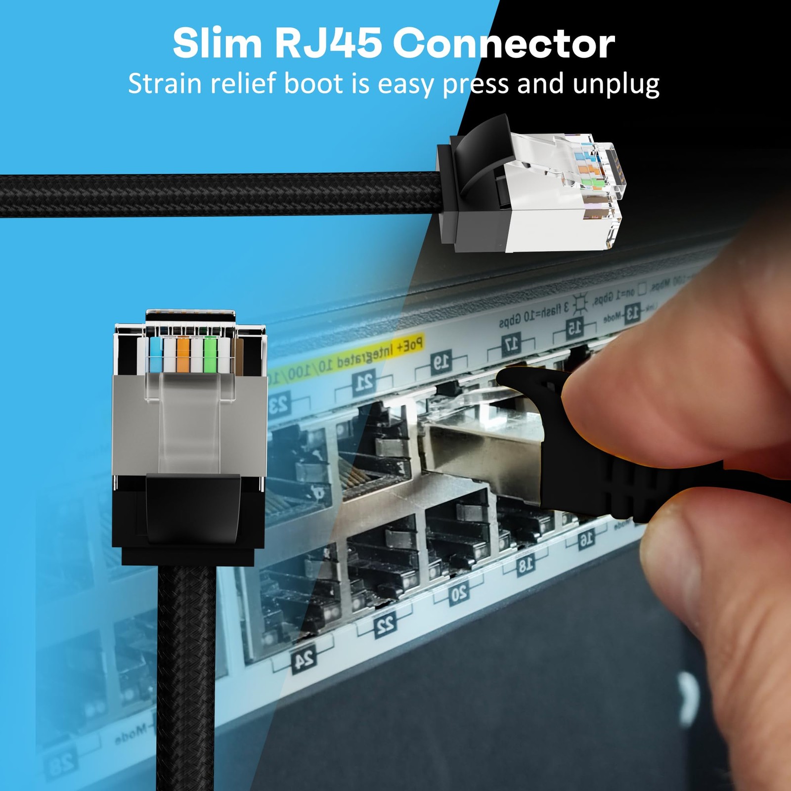 Slim CAT6 Ethernet Cable 10 Pack Snagless Patch Cord Nylon Braided Black 3 FT