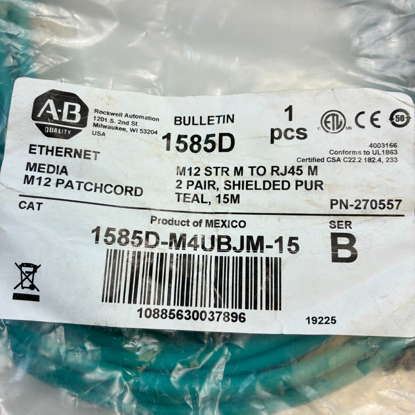 ALLEN BRADLEY 1585D-M4UBJM-15 Ethernet Patchcord M12 Male to RJ45 Male