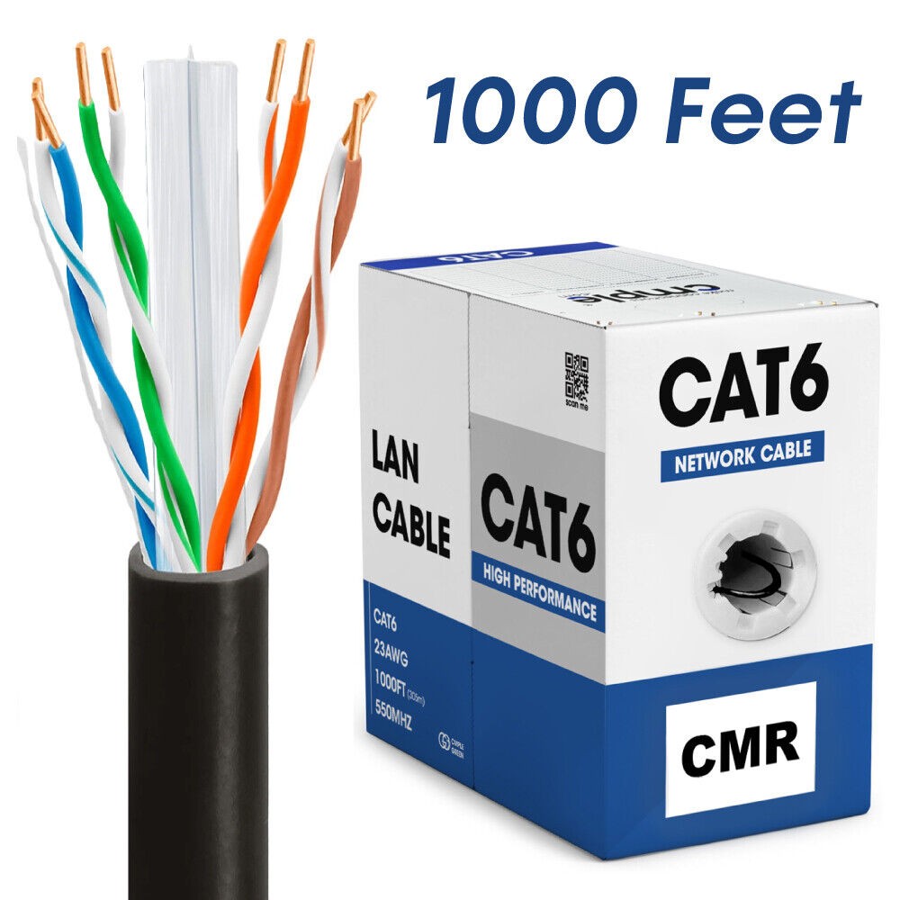 Cat6 Ethernet Cable 1000ft Riser CMR Solid 23AWG UTP 550MHz Pull Box Black